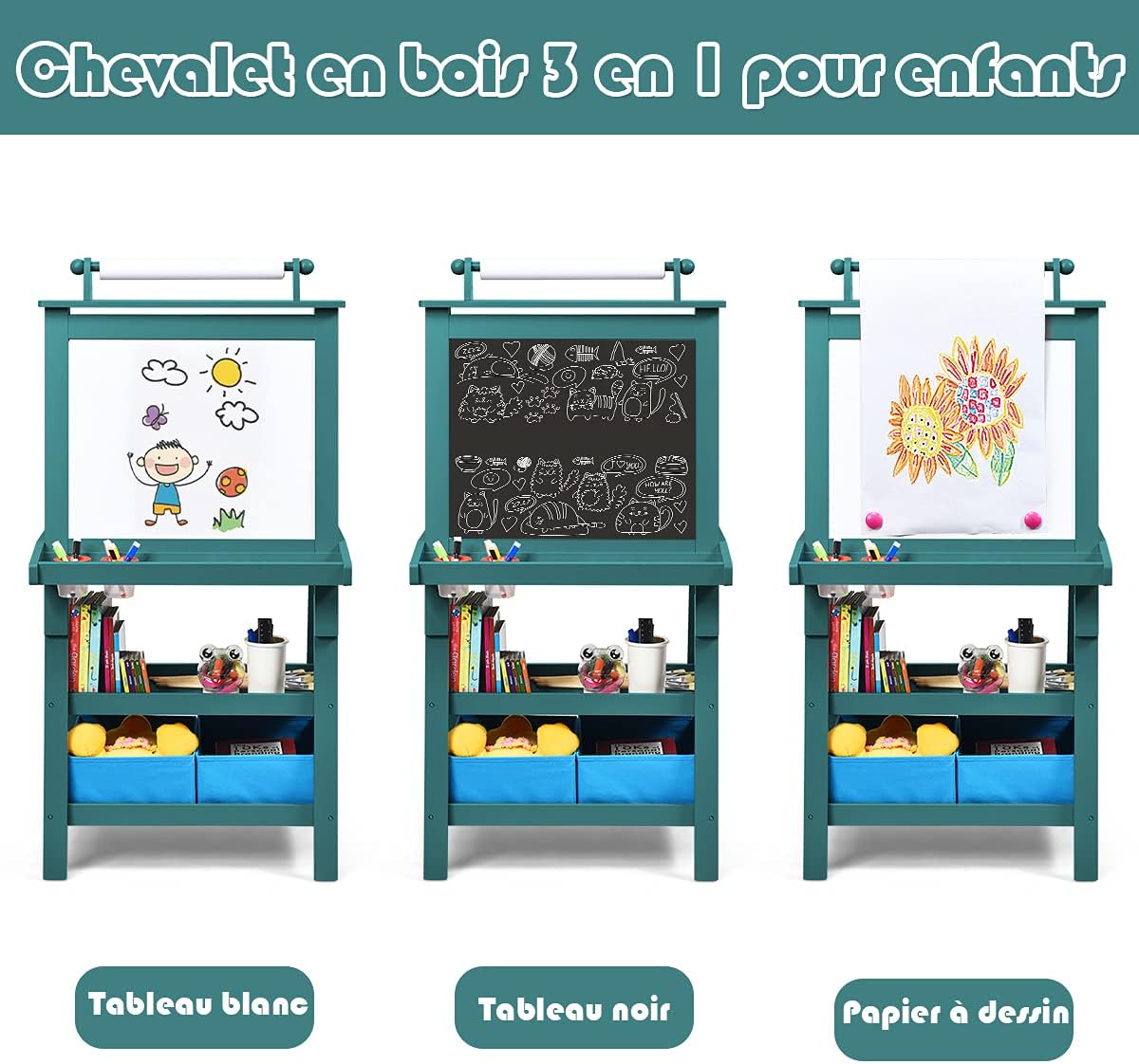 Chevalet pour Enfants 3 en 1 Tableau de Dessin Magnétique Double Faces (Tableau Blanc + Tableau Noir) avec Rouleau de Papier, 2 Etagères, Bleu - 5