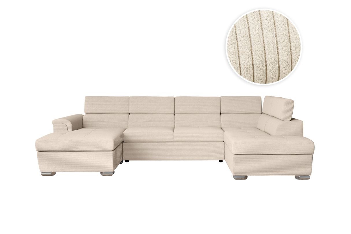 Canapé Panoramique Convertible Alicia Avec Coffre - En Velours Côtelé Beige (312x145 Cm)