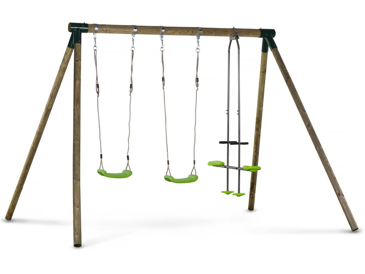 Drewniany zestaw huśtawkowy "Lana" - Z 2 huśtawkami i 1 przeciwległą.