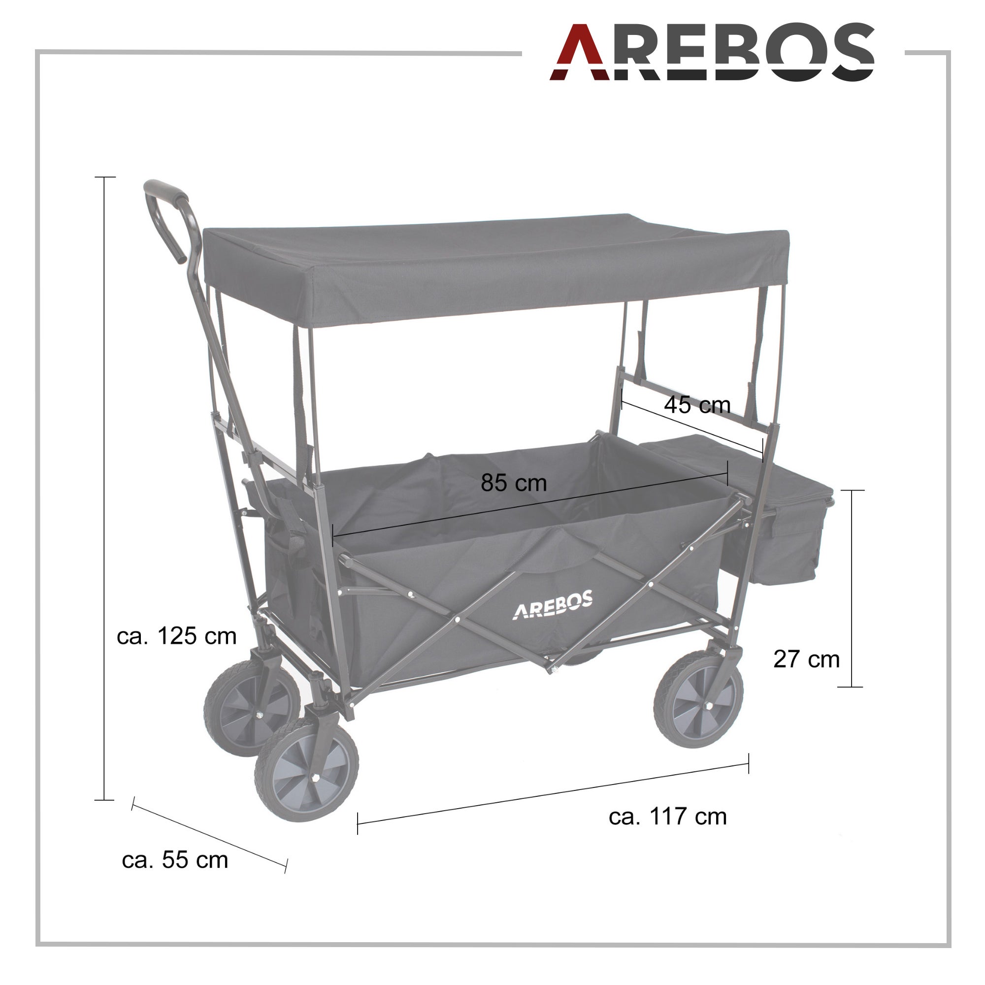 AREBOS Chariot de transport pliable avec toit UV, sac XXL, roues 360°, capacité 70 kg – idéal pour excursions, plage, jardin et loisirs - 8