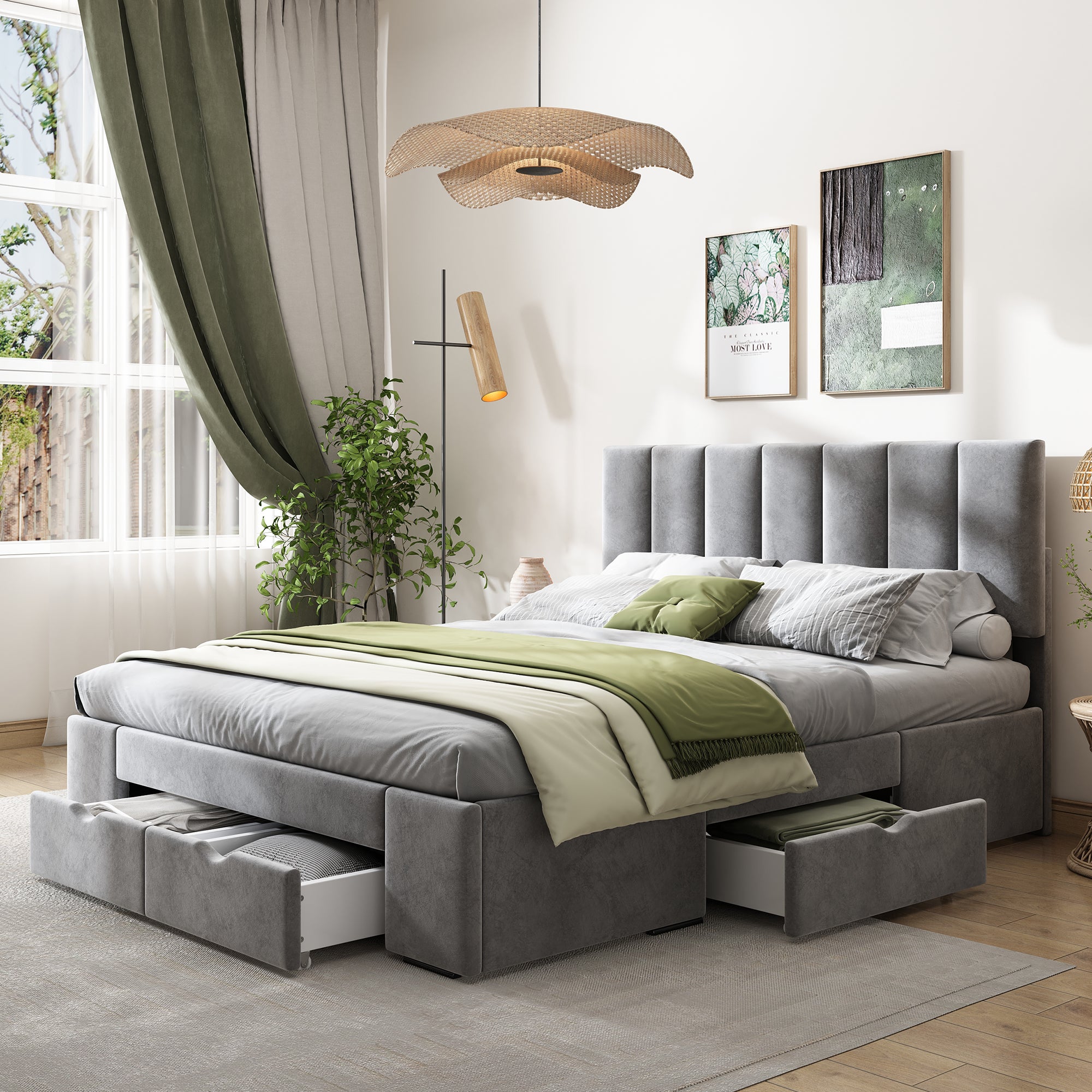 Łóżko dwuosobowe tapicerowane welurem 140x200cm z 4 szufladami + regulowane wezgłowie + stelaż na listwy - Szary - 3