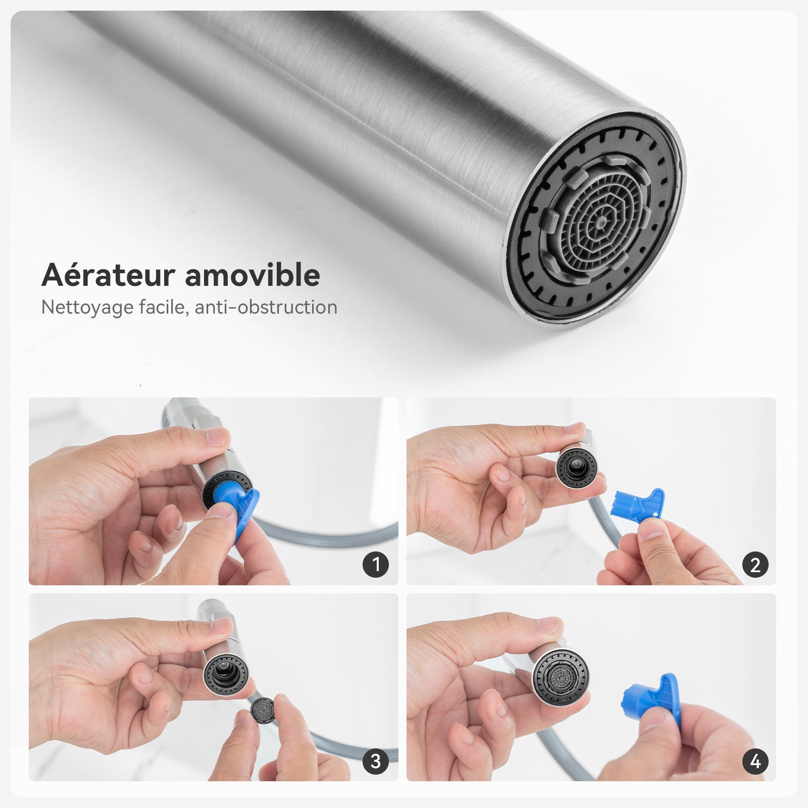 Mitigeur Cuisine avec Douchette Extractible Robinet d'évier à Deux Jets Robinetterie Cuisine en Acier Brossé Pivotant 360°,Barboteur Démotable - 5