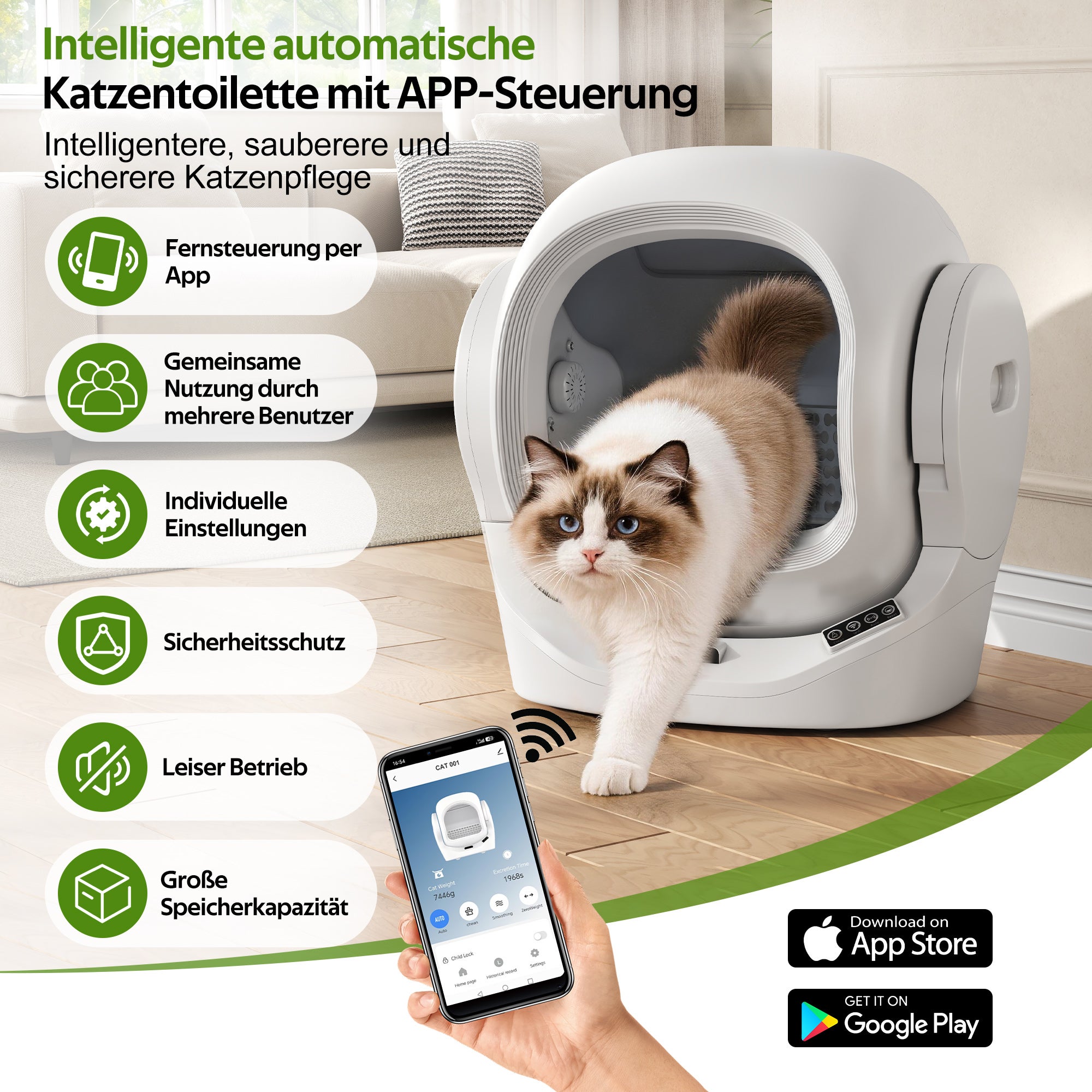 Areia automática inteligente 68L grande, reservatório 8L, caixa aroma, infravermelho, app, 1-2 gatos, autolimpante, silenciosa, segura crianças - 3