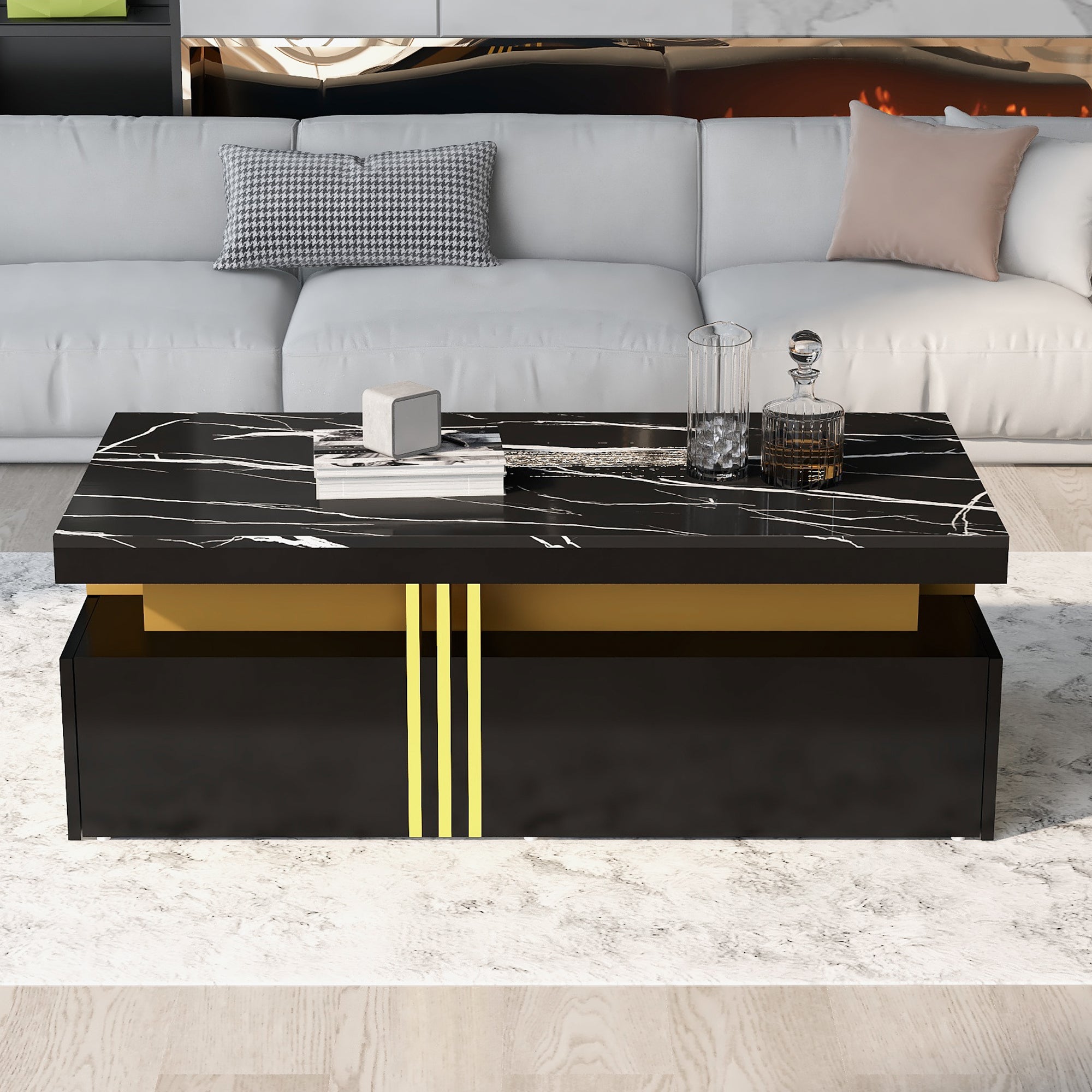 Table basse rectangulaire moderne avec plateau brillant avec 2 tiroirs en bois, plateau marbré, pour salon, 100x50x40 cm, noir - 3