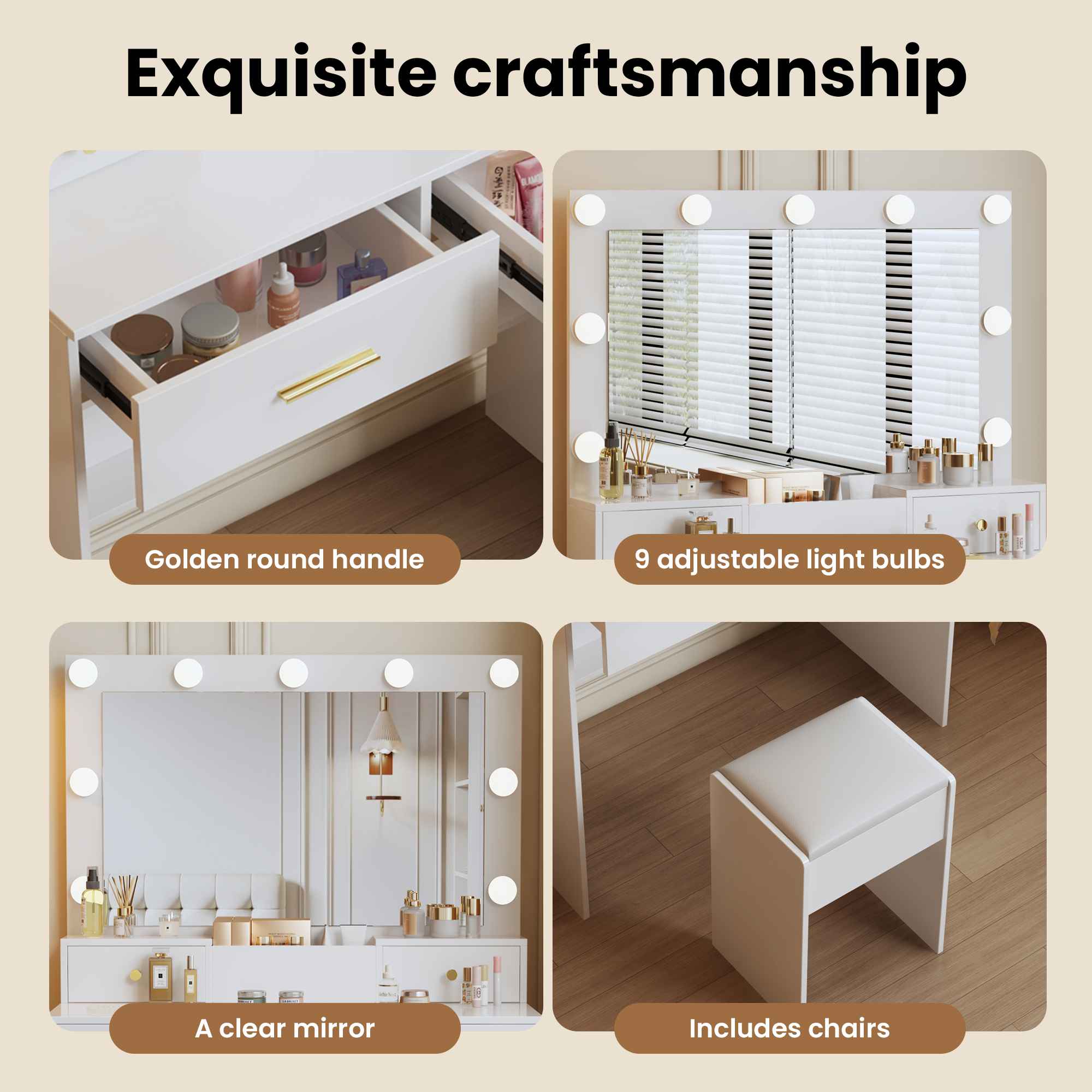 Coiffeuse avec miroir LED 9 lampes, 3 modes d'éclairage, rangement compartimenté, tabouret rembourré et poignées dorées – 137x80x39 cm - 5