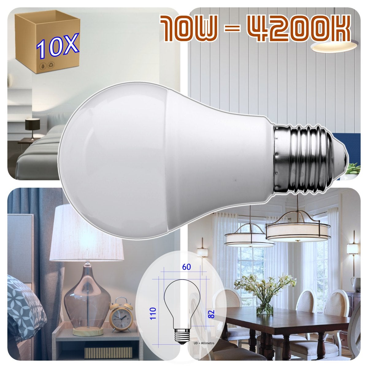 Jandei Pack x5 Ampoules Led E27 Blanc Neutre 4200K A60, 10W - 2