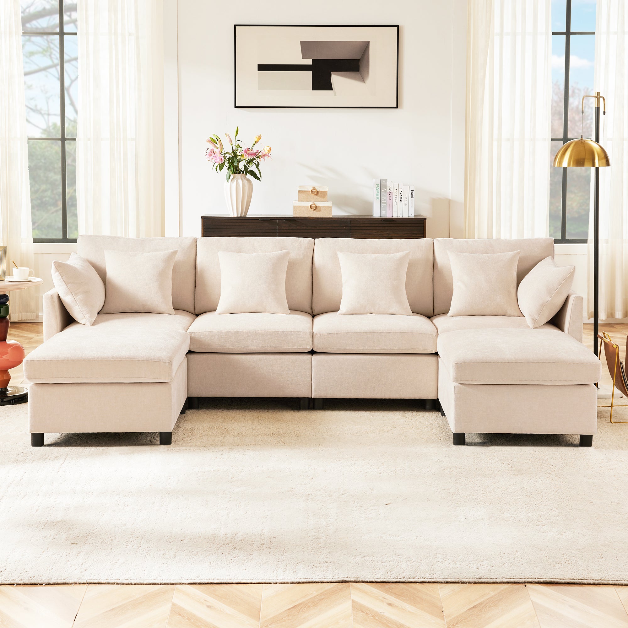 Nowoczesna narożna sofa w kształcie litery L - Z wyjmowanym podnóżkiem - 4-osobowa - Beżowa - 2