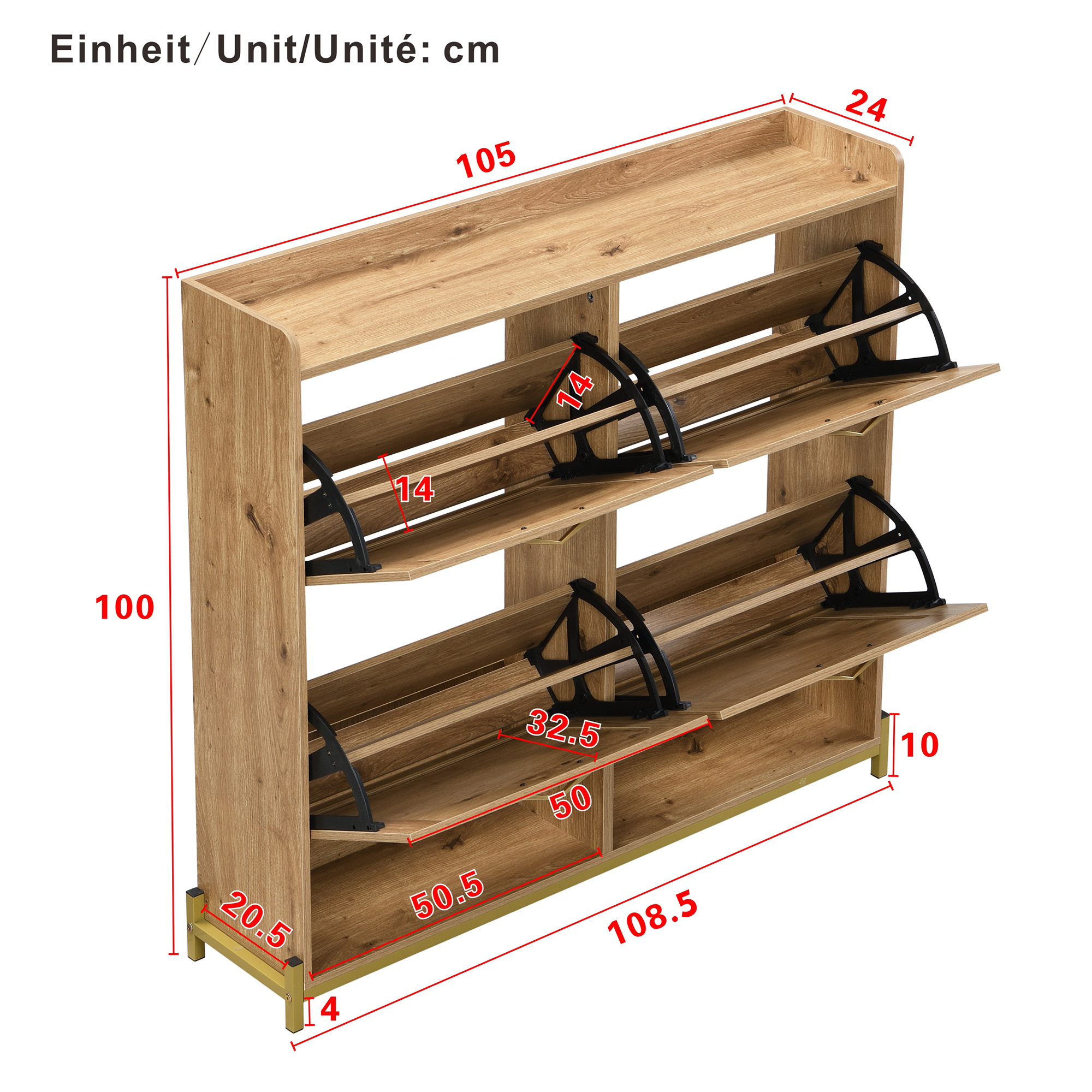 Meuble à chaussures en bois élégant avec portes en rotin – 4 portes, cadre métallique et étagère supérieure pour un rangement stylé et ordonné - 4