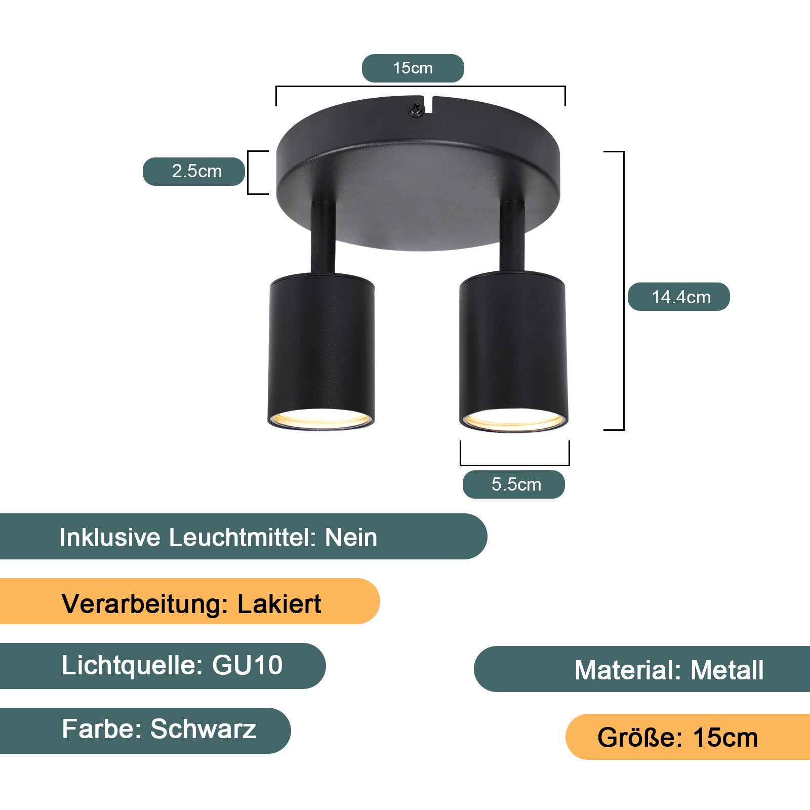 NETTLIFE Foco de techo LED Lámpara de techo con 2 lámparas GU10 negras orientable 330° redondo moderno - 4