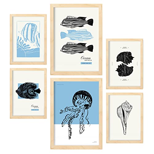 Set de 6 posters en tinta negra criaturas marinas láminas artísticas del mar y océano para el diseño de interiores tamaños a3 & a4 marcos color madera