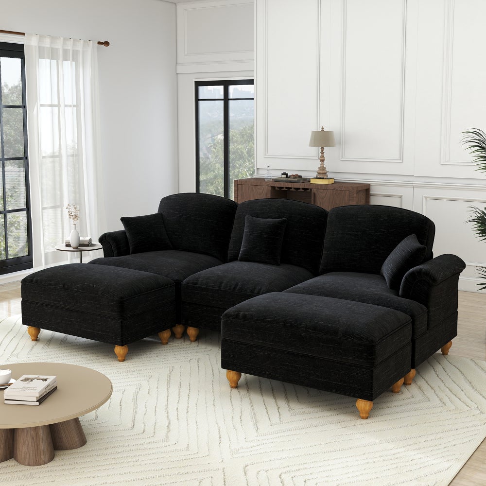 Sofa Cloud, modułowa, w kształcie litery U, szenilowa, głęboka, z pufem, czarna