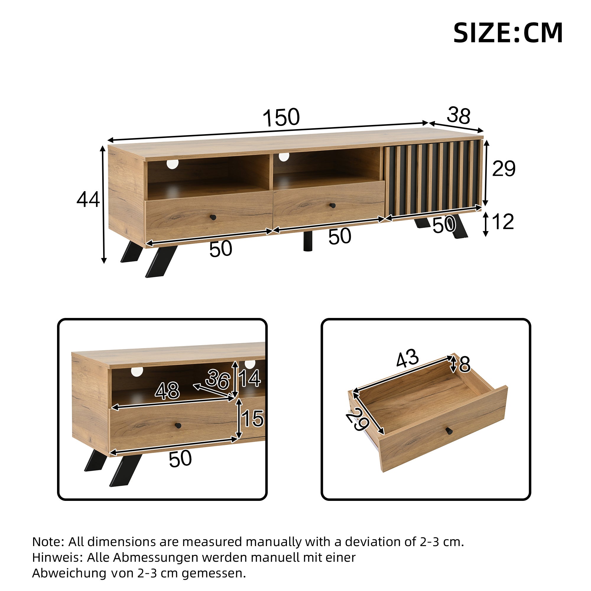 Meuble TV 150x38x44 cm - 2 tiroirs et 1 porte - 2 compartiments semi-ouverts - pour TV 60 pouces - naturel - 6