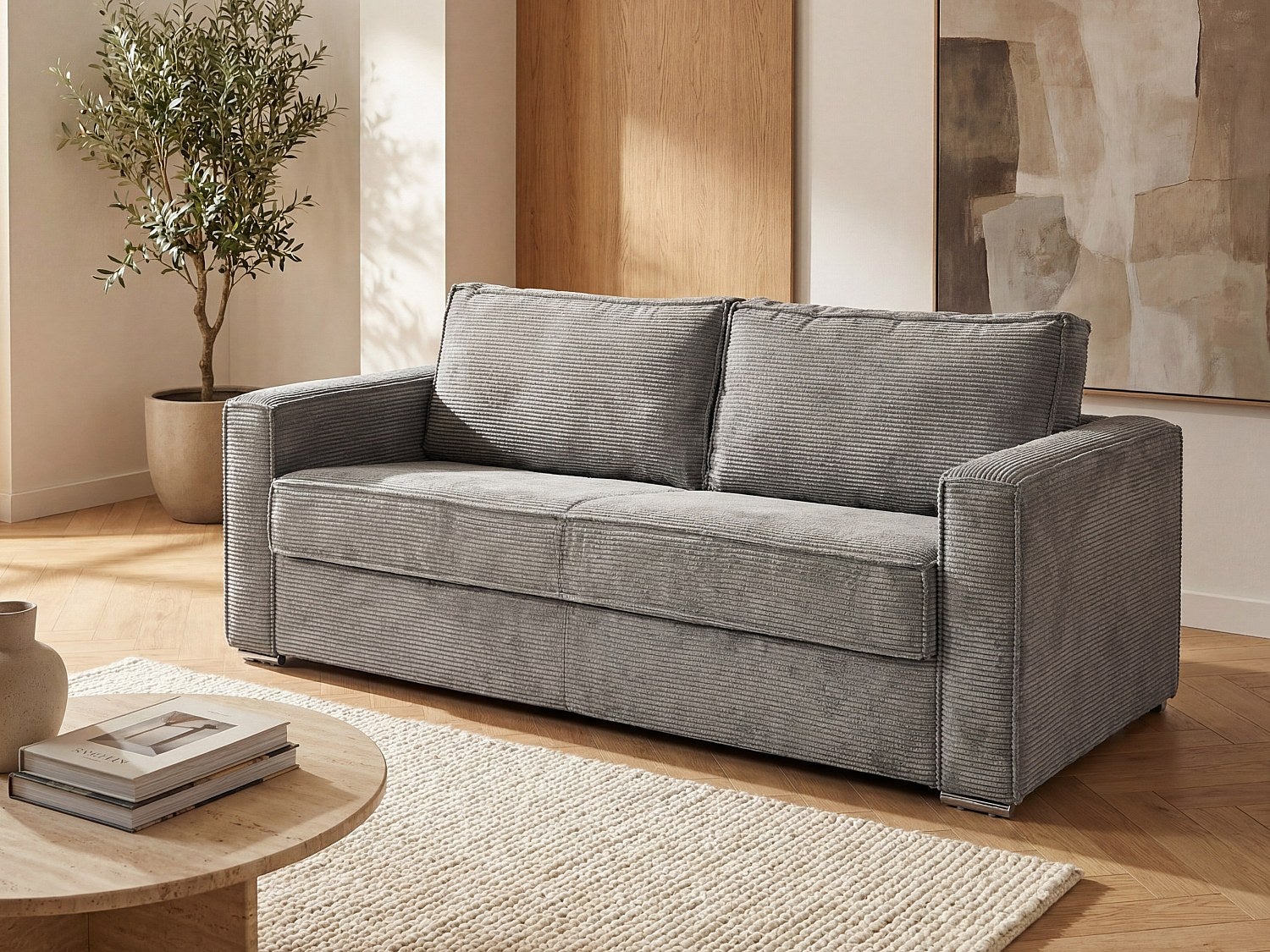 Kanapa 3-osobowa rozkładana typu express z jasnoszarego sztruksu - Miejsce do spania z szerokimi listewkami 140 cm - Materac 22 cm z pamięcią kształtu