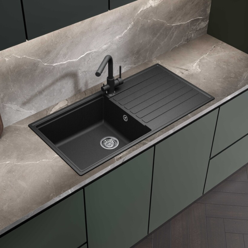 Swiss Aqua Technologies 100x50 cm évier avec égouttoir réversible en Granite, à encastrer, noir (SATSINKGQK103B) - 3