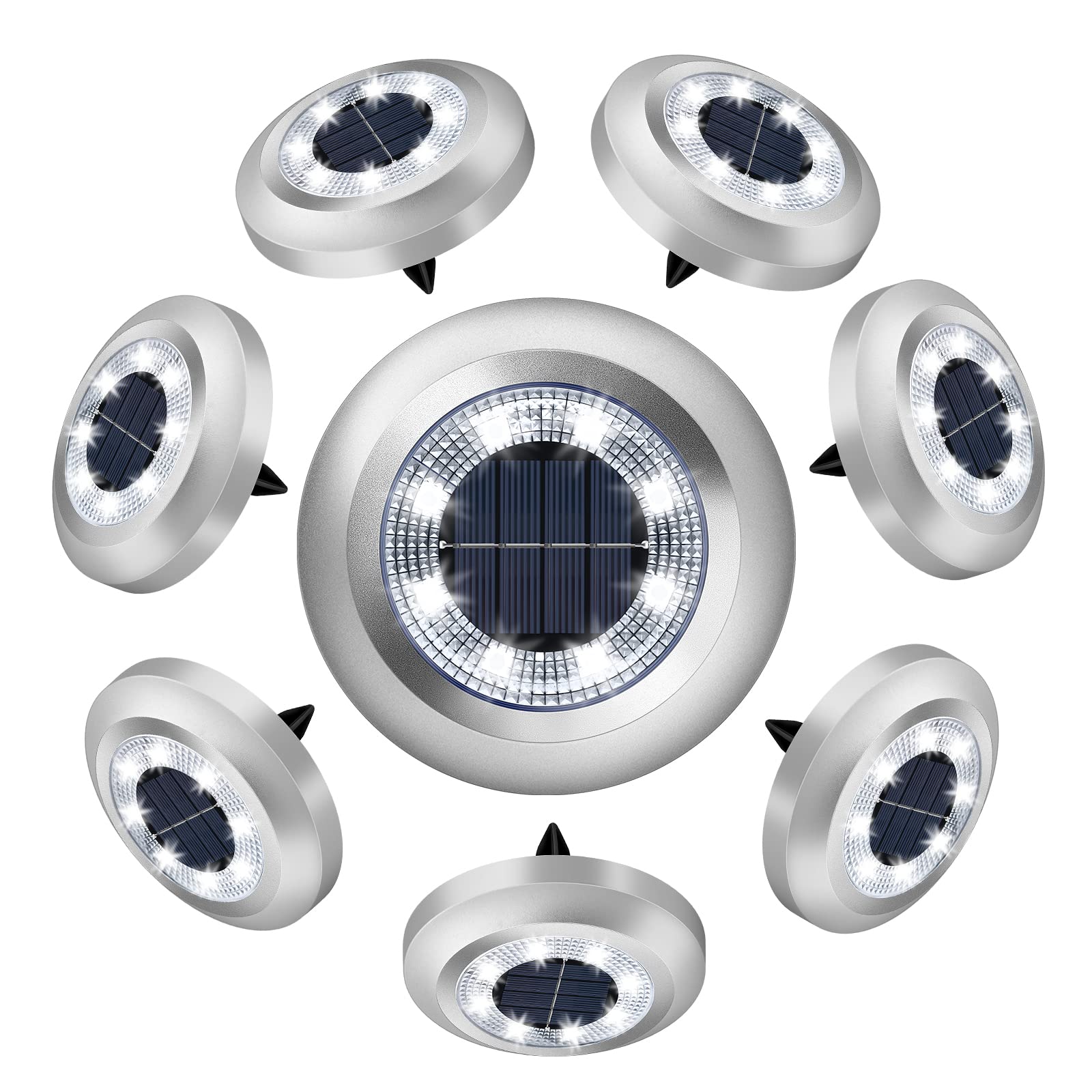 8-częściowy zestaw zewnętrznych lamp solarnych LED z białym światłem, podziemna lampa solarna dyskowa