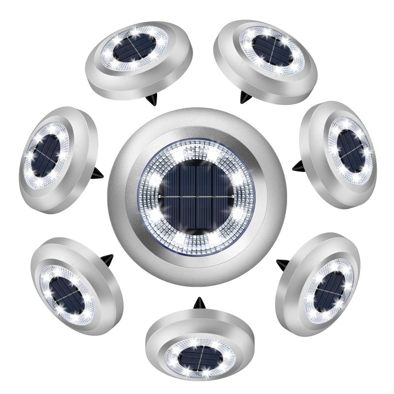 8-częściowy zestaw zewnętrznych lamp solarnych LED z białym światłem, podziemna lampa solarna dyskowa