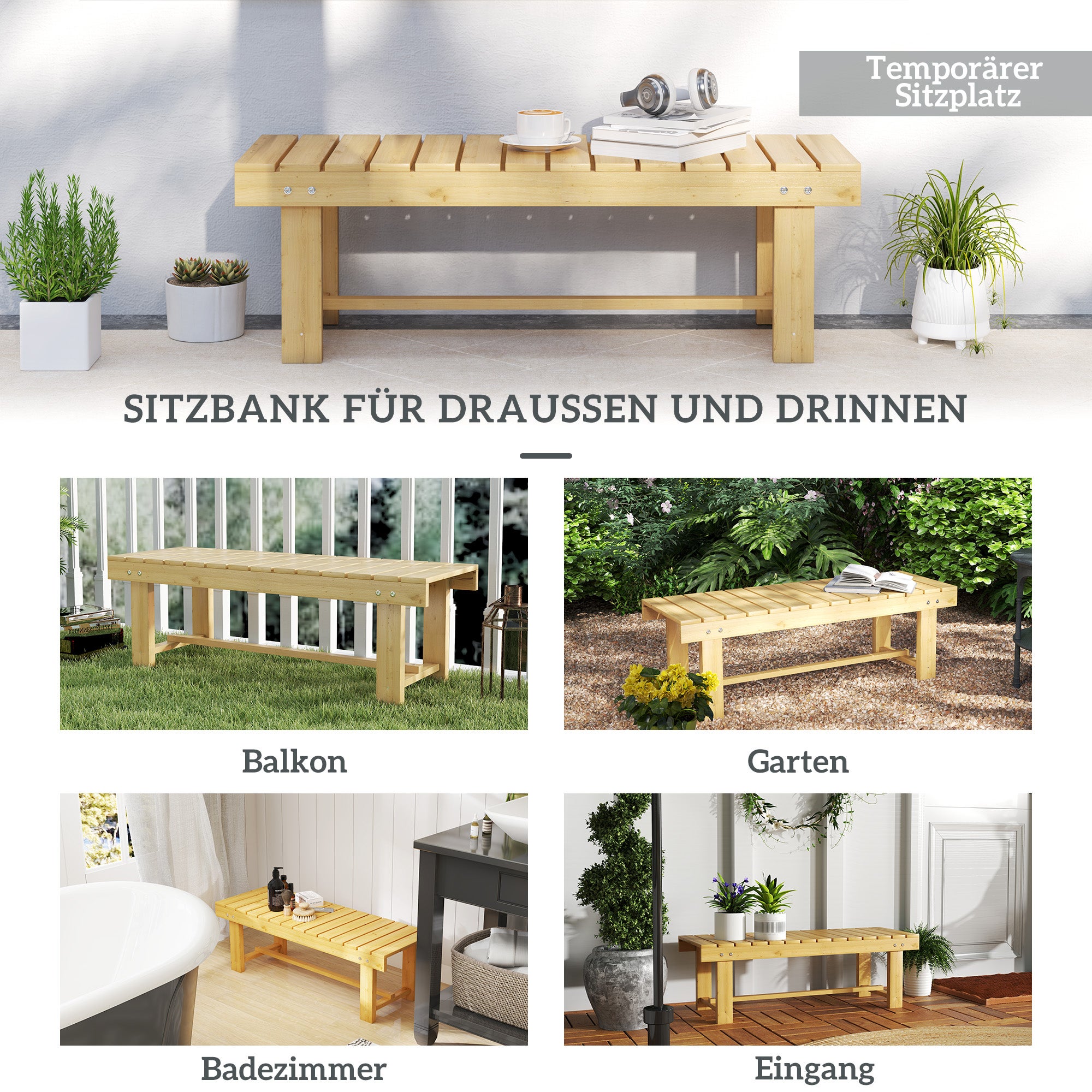 Banc de jardin 2 places en bois massif, imperméable et résistant, 110 x 38 x 35 cm, stable pour balcon, jardin et terrasse - 6