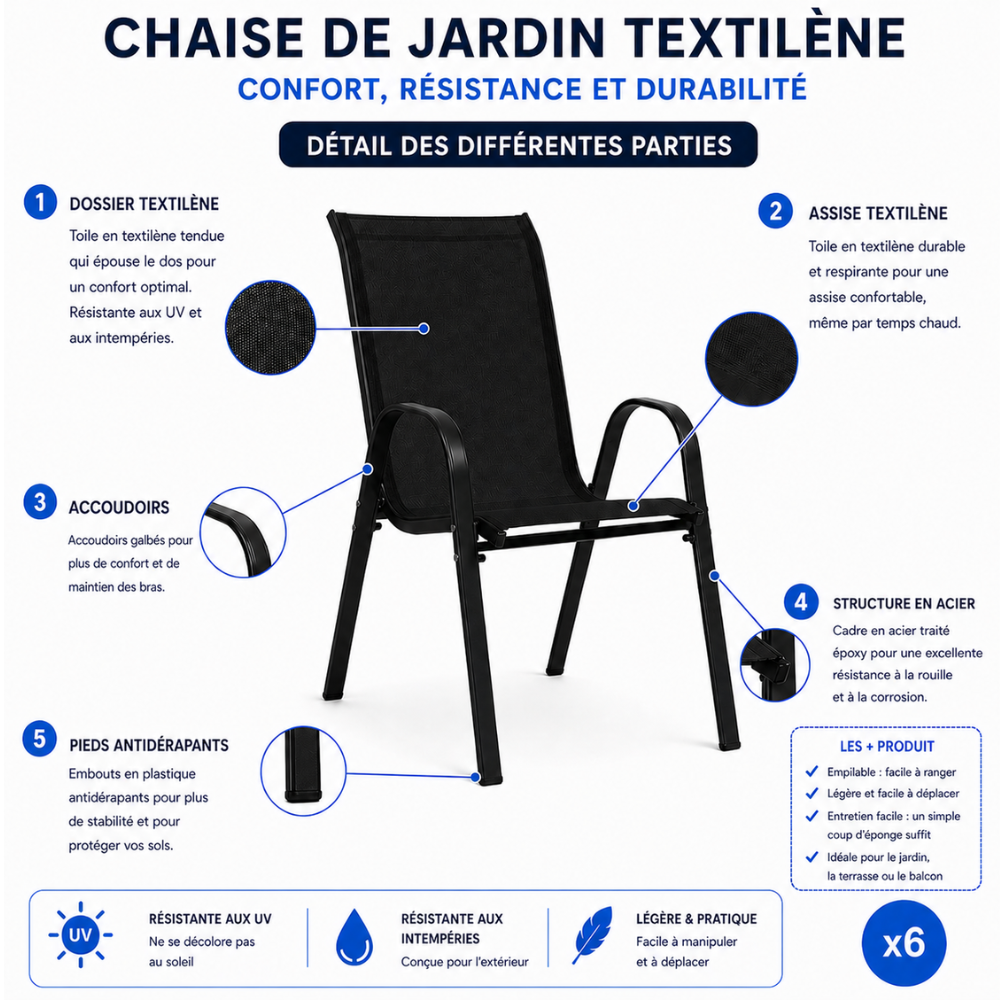 Lot de 6 Chaise de jardin sans coussin Chaises de jardin empilables textilène x6 Unité Noir en Textilène Noir - 2