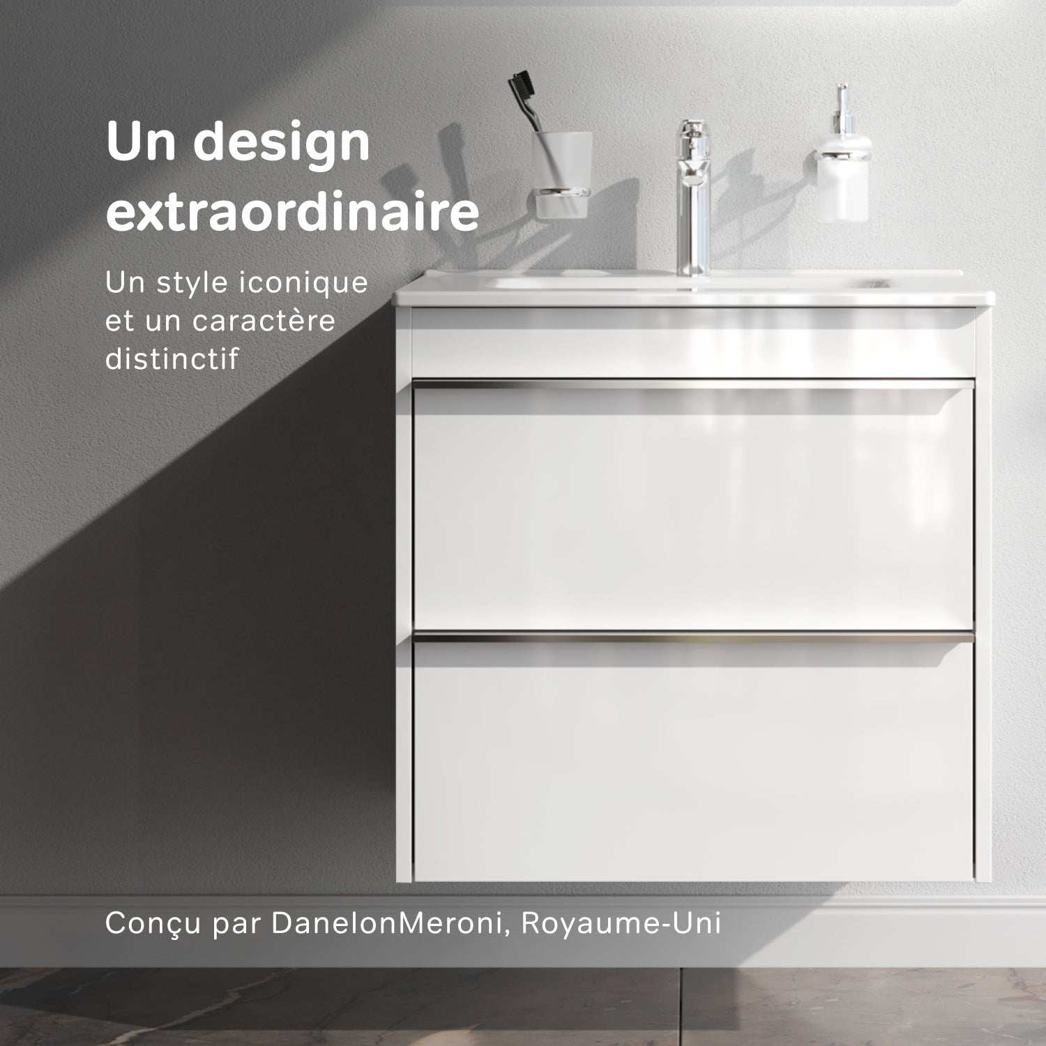 Meuble salle de bains avec Vasque en Céramique Meuble simple vasque suspendu 60 cm avec lavabo intégré, 2 tiroirs, design, Blanc Brillant&nbsp; – AM.PM - 2