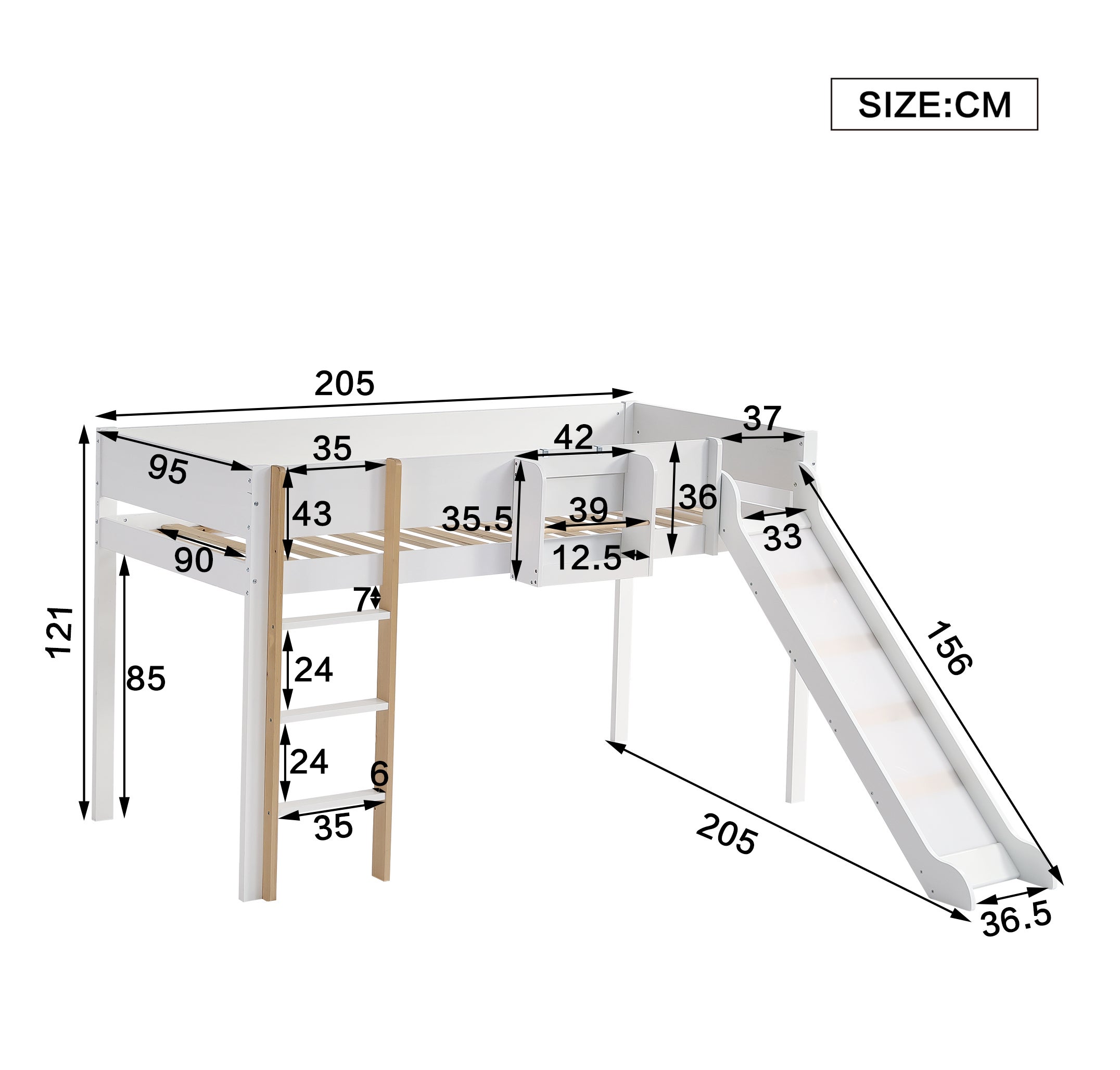 Letto a soppalco 90x200cm, letto a castello con scala dritta a tre gradini, letto per bambini, letto per ragazzi con scivolo, bianco+naturale - 3