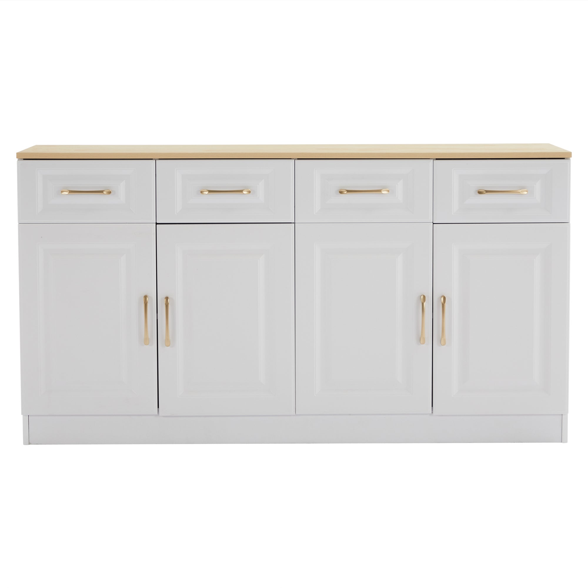 Buffet bas avec 4 portes et 4 tiroirs - 140 x 40 x 75 cm - Panneau de particules - Blanc et chêne - 9