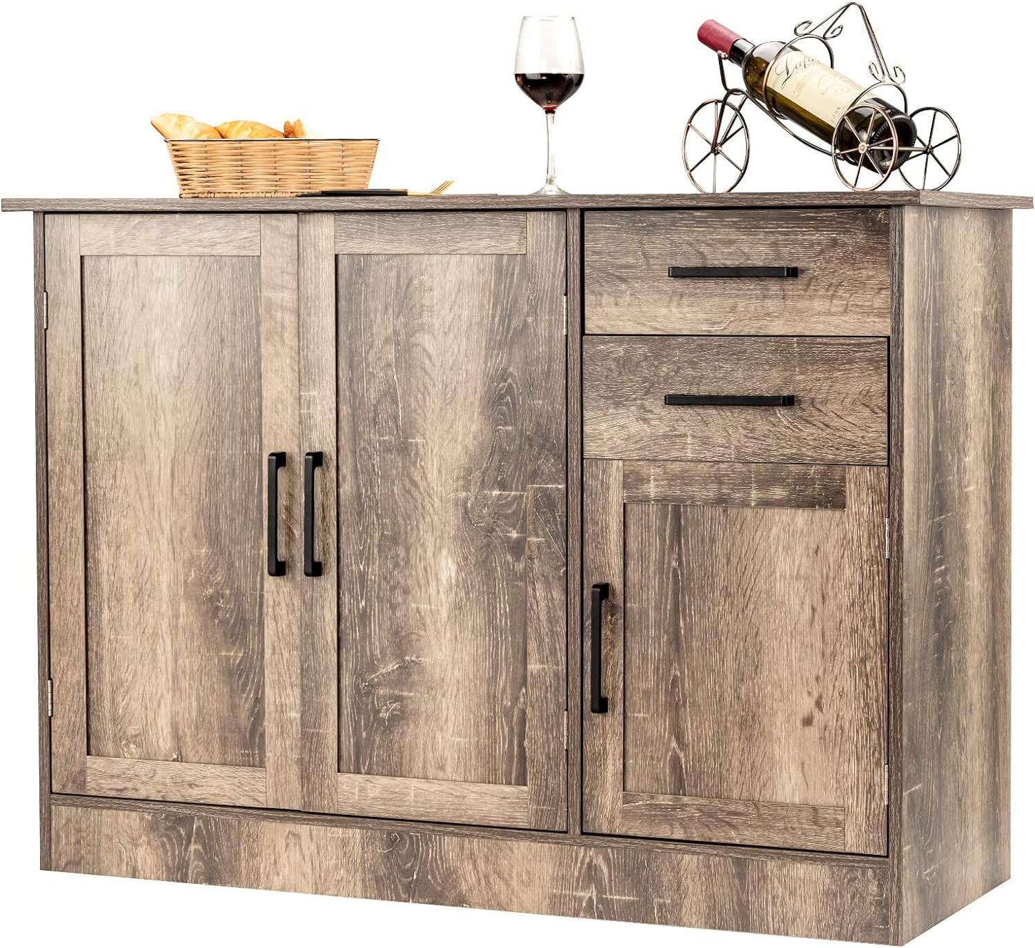 Kredens z drewna, szafka kuchenna z 2 szufladami, 3 drzwiami i 1 regulowanym regałem, salonu, sypialni, 110 x 40 x 78 cm