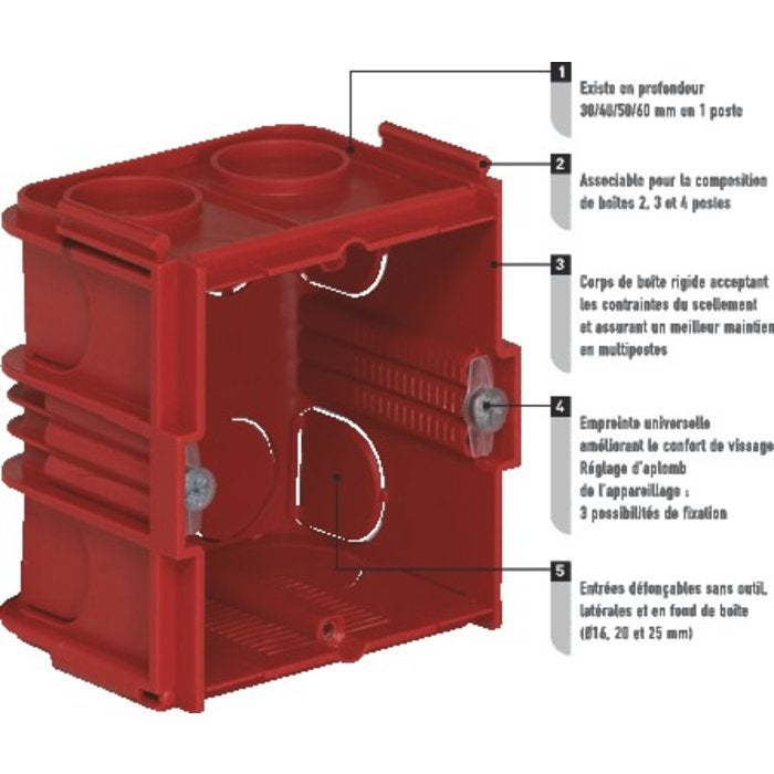 Boîte d'encastrement maçonnerie - Batibox - LEGRAND - 71 x 71 x 50 mm - 1 poste - 2