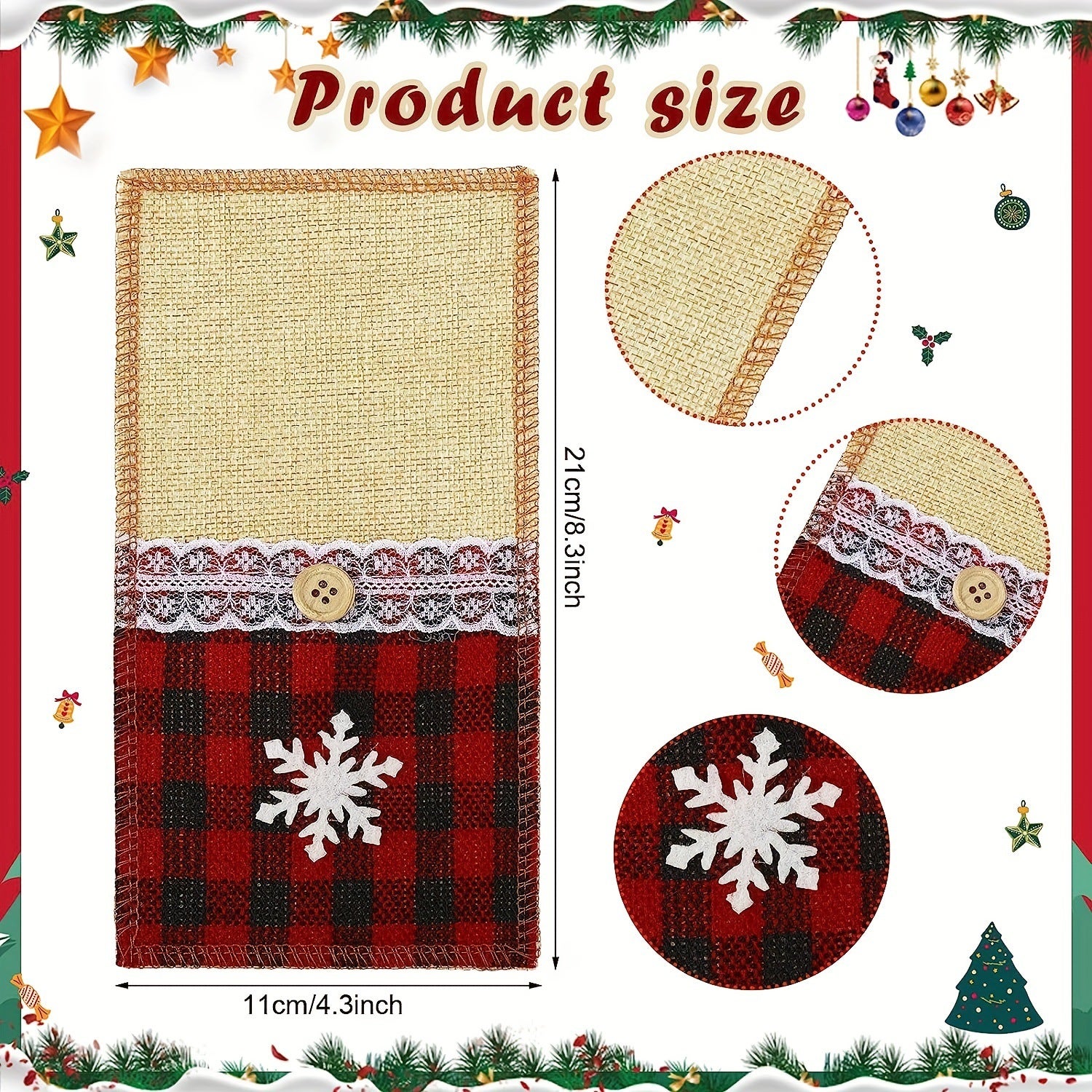 Set di 12 sacchetti per posate natalizie - lino a quadri rossi e neri, portaposate da cucina, sacchetti per posate natalizie, decorazione da tavola pe - 2