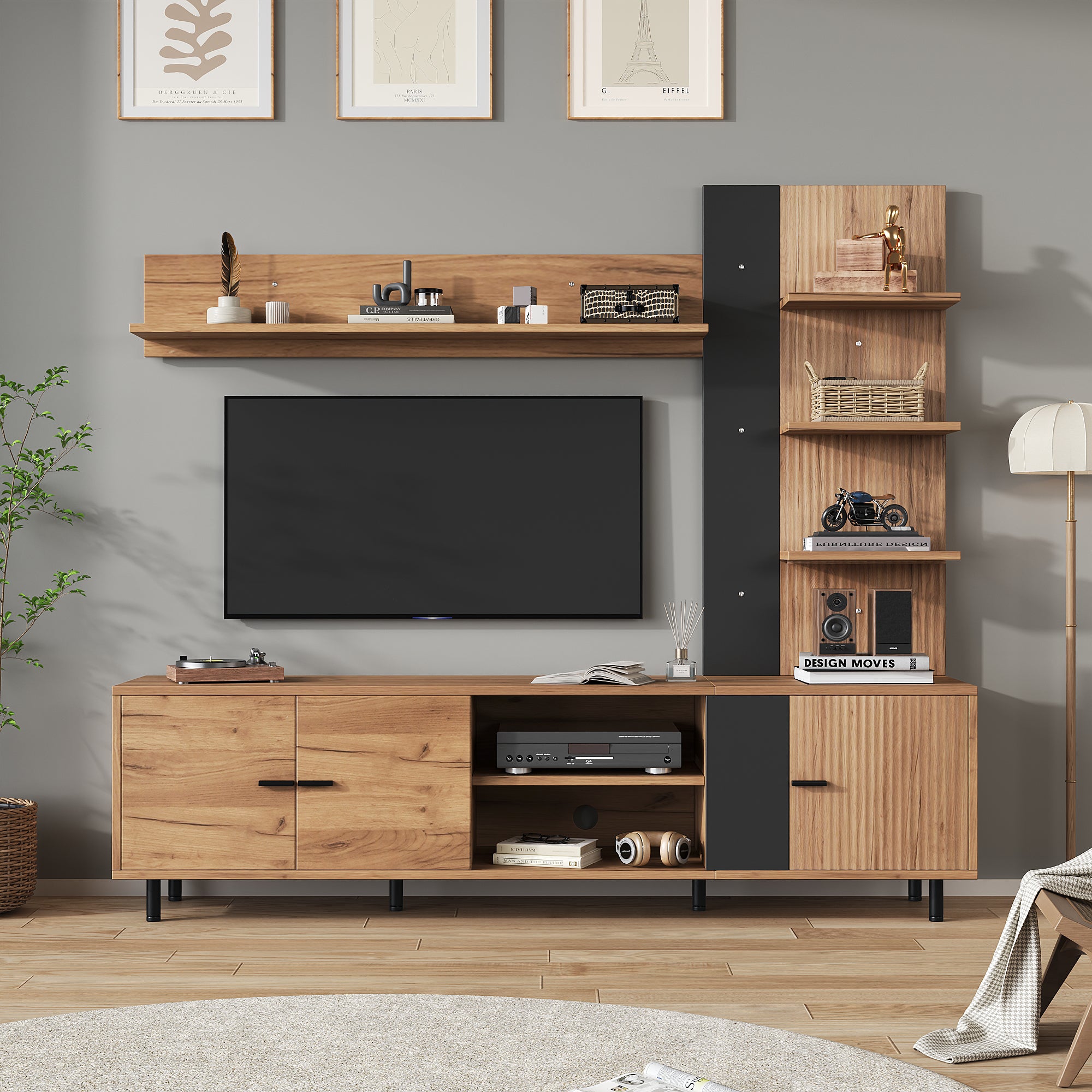 Zestaw mebli RTV z 3 drzwiami, półką i szafką wiszącą do telewizorów do 80 cali - 187,5 x 40 x 167 cm - Płyta wiórowa - Kolor naturalny i czarny