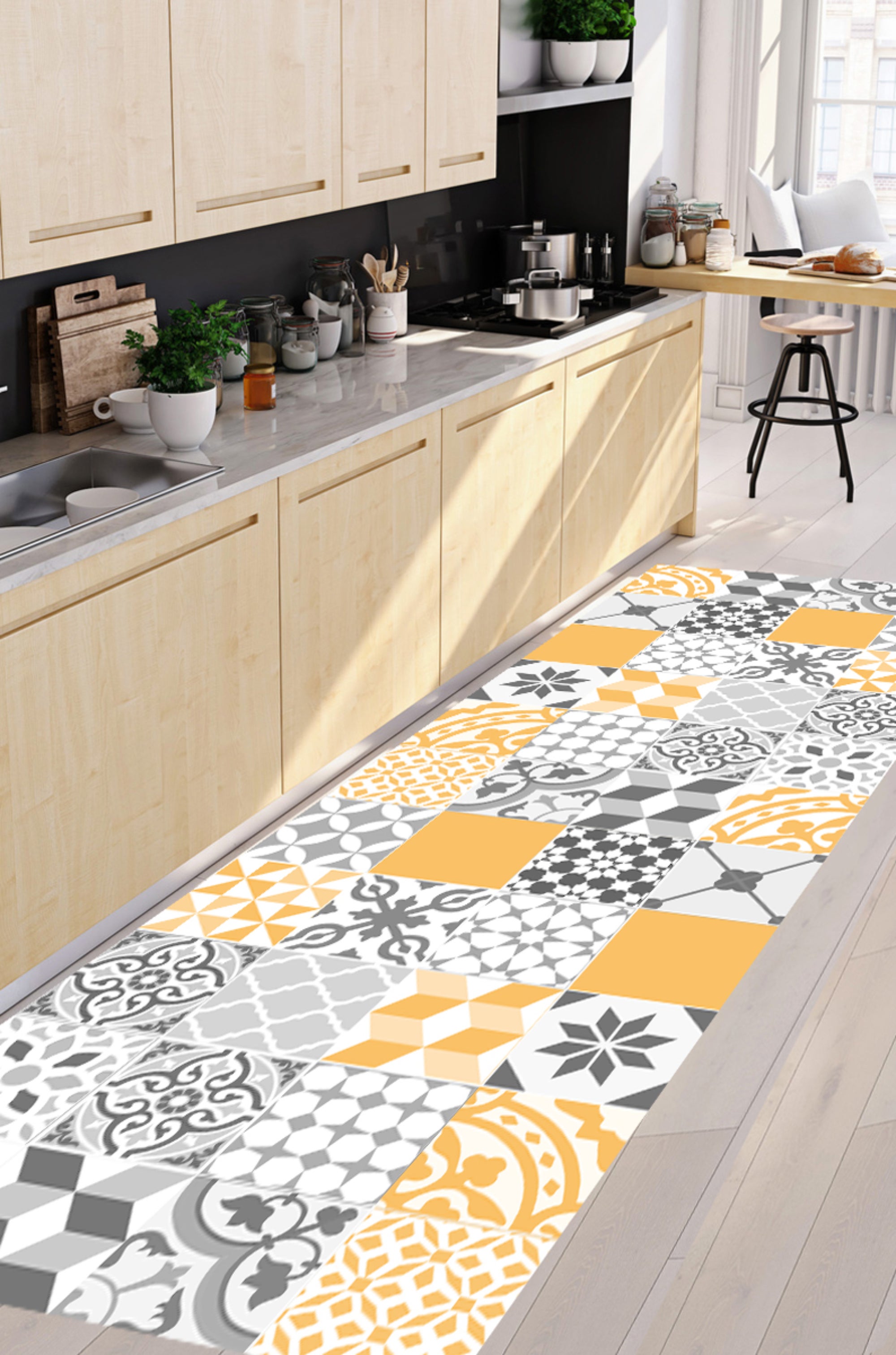 Dywan winylowy, żółty patio 50x140 cm - antypoślizgowy PVC, winylowy do kuchni lub salonu, zmywalny, w stylu hydraulicznym