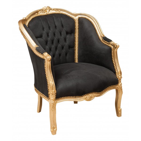 Biscottini sillón barroco 94x80x82 cm | sillas luis xvi oro antiguo | estilo francés | sillón dormitorio terciopelo negro