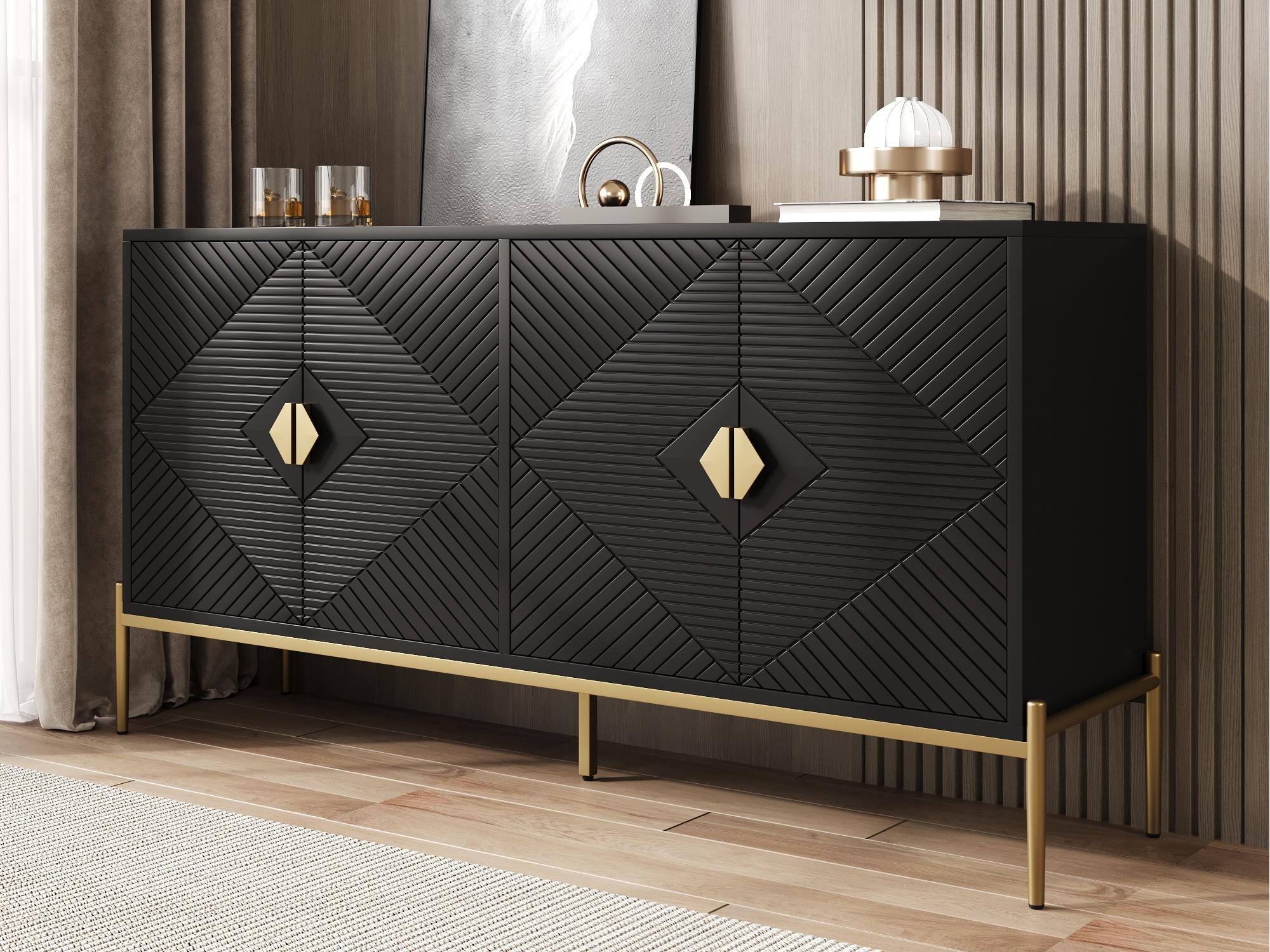 Nowoczesna komoda 162x40x80 cm - z 4 drzwiami - Metalowe nogi - MDF + płyta wiórowa - Czarny