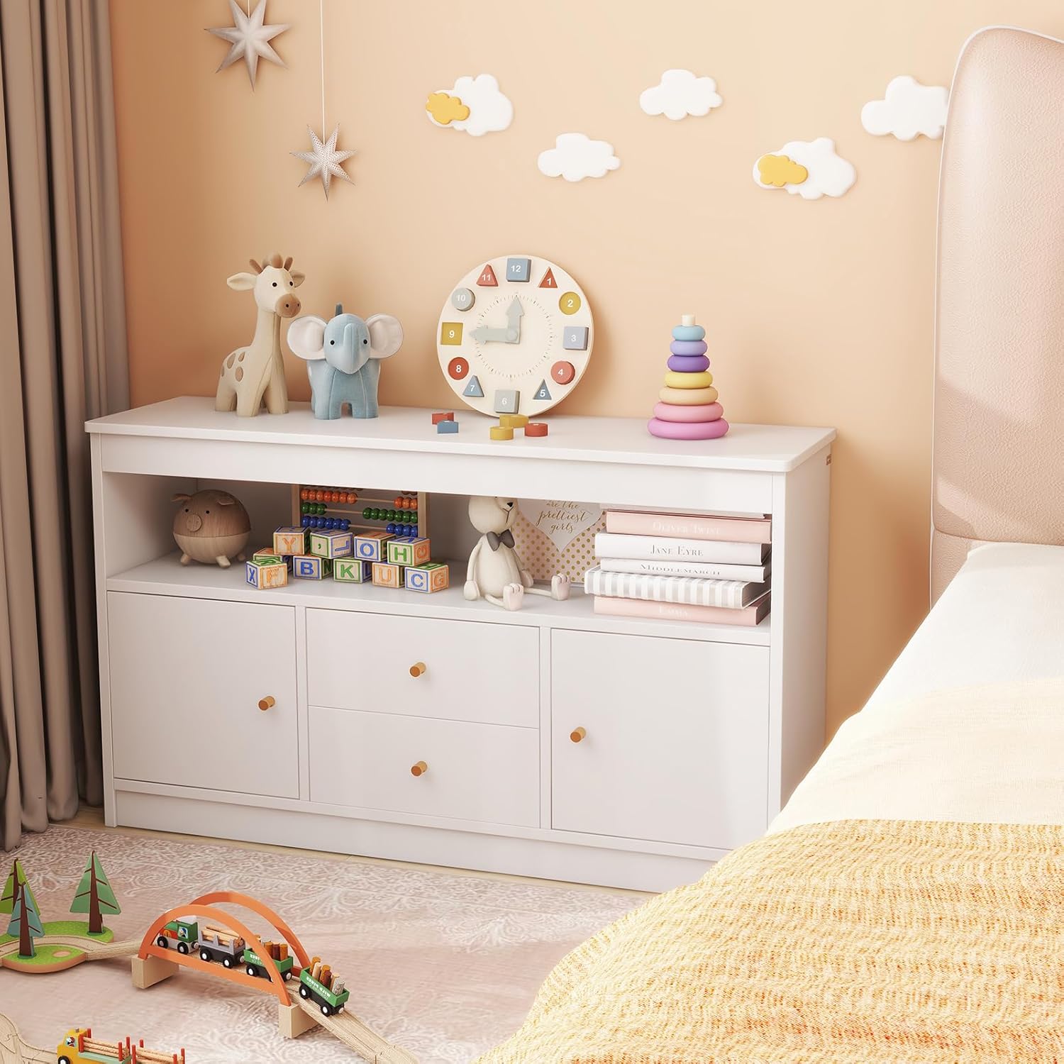 Organizador de Arrumação, Cómoda para Brinquedos Infantis, 2 Gavetas, 2 Armários Fechados, 1 Compartimento Aberto para Quarto, Escritório (Branco) - 2