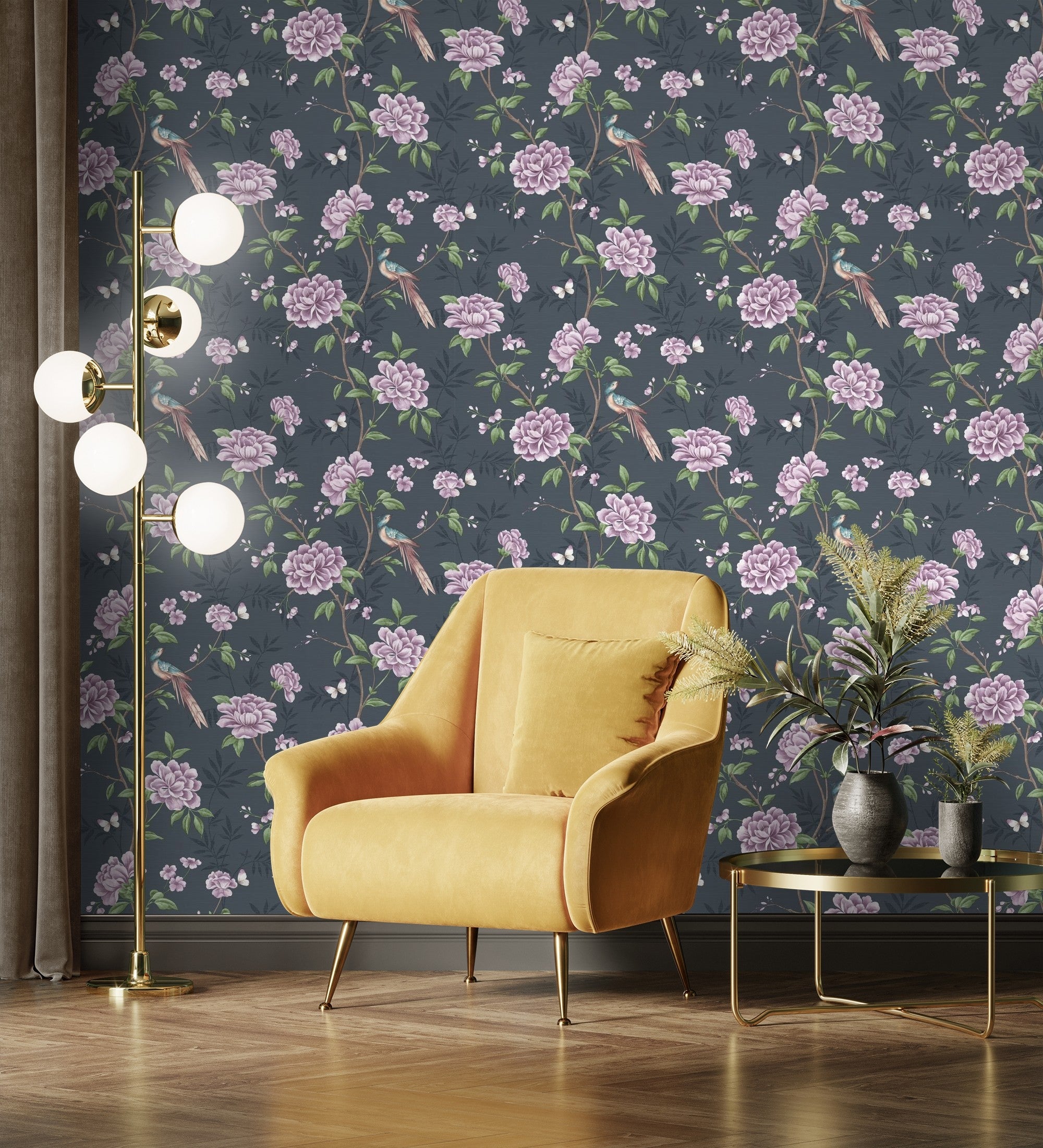 Papier peint d'oiseaux et fleurs sur fond texturé effect fibre végétale bleu - Nora Garden 681987 de GAULAN - Rouleaux de 10 m x 0,52 m - 7