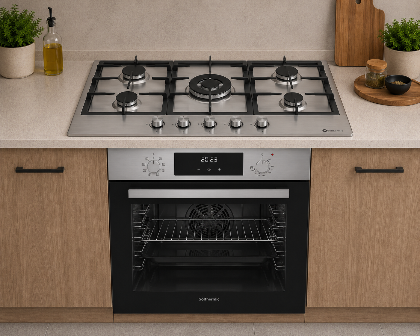 Solthermic Pack Placa Gas 90 Inox 5 Fuegos + Wok Bl041 + Horno Electrico 60 X Inox Hea60i , Leroy Merlin