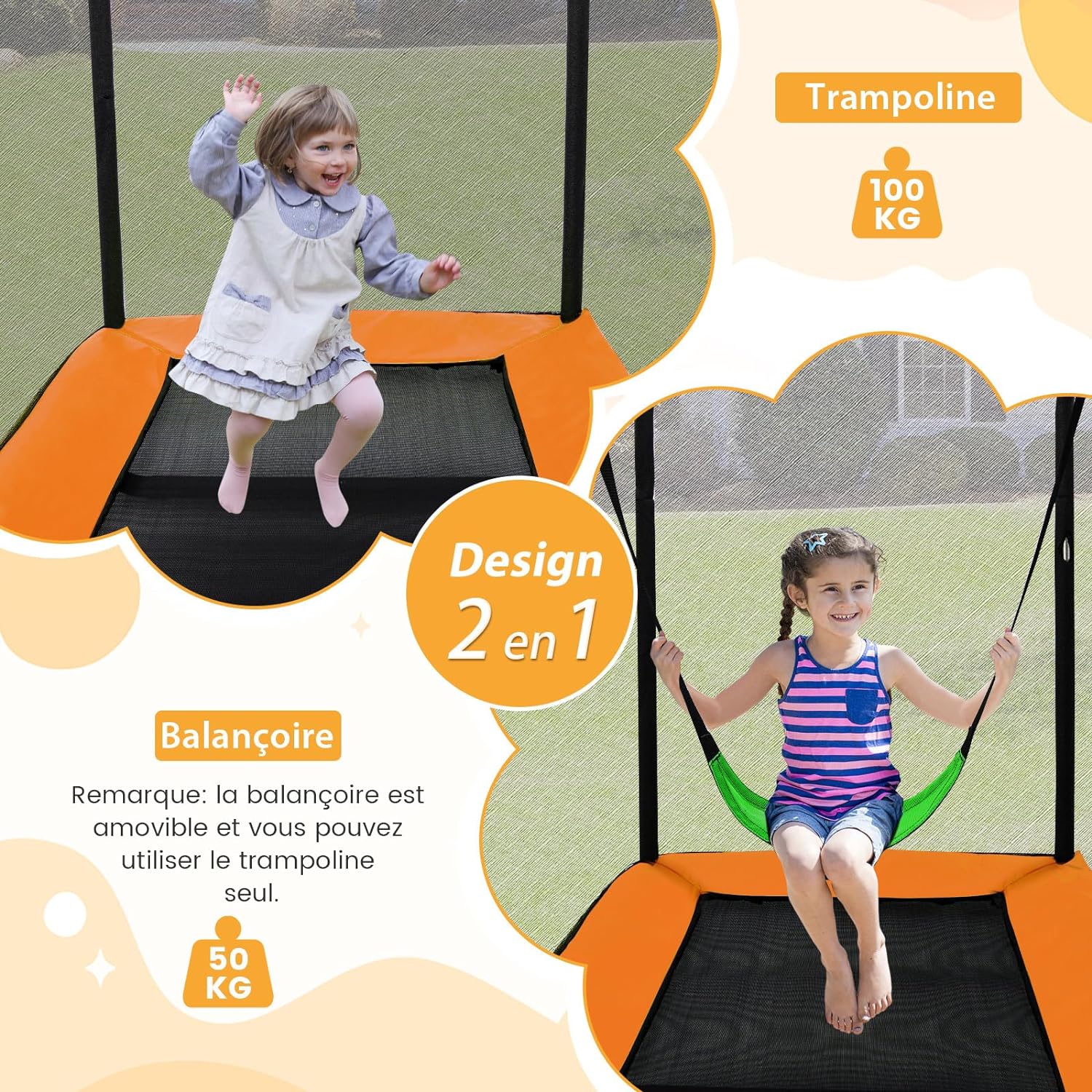 Tappeto Elastico per Bambini da Esterno ed Interno, Trampolino Rettangolare 190CM con Altalena e Rete di Sicurezza per Bambini più di 3 Anni, - 2