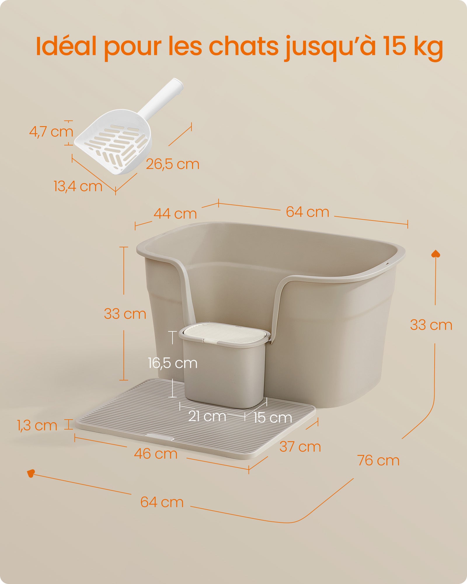 Bac à Litière, Litière Extra Large avec Paroi Latérale, avec Un Tapis de Litière, Boîte de Rangement, Pelle, pour Grand Chat, Beige Cappuccino - 5