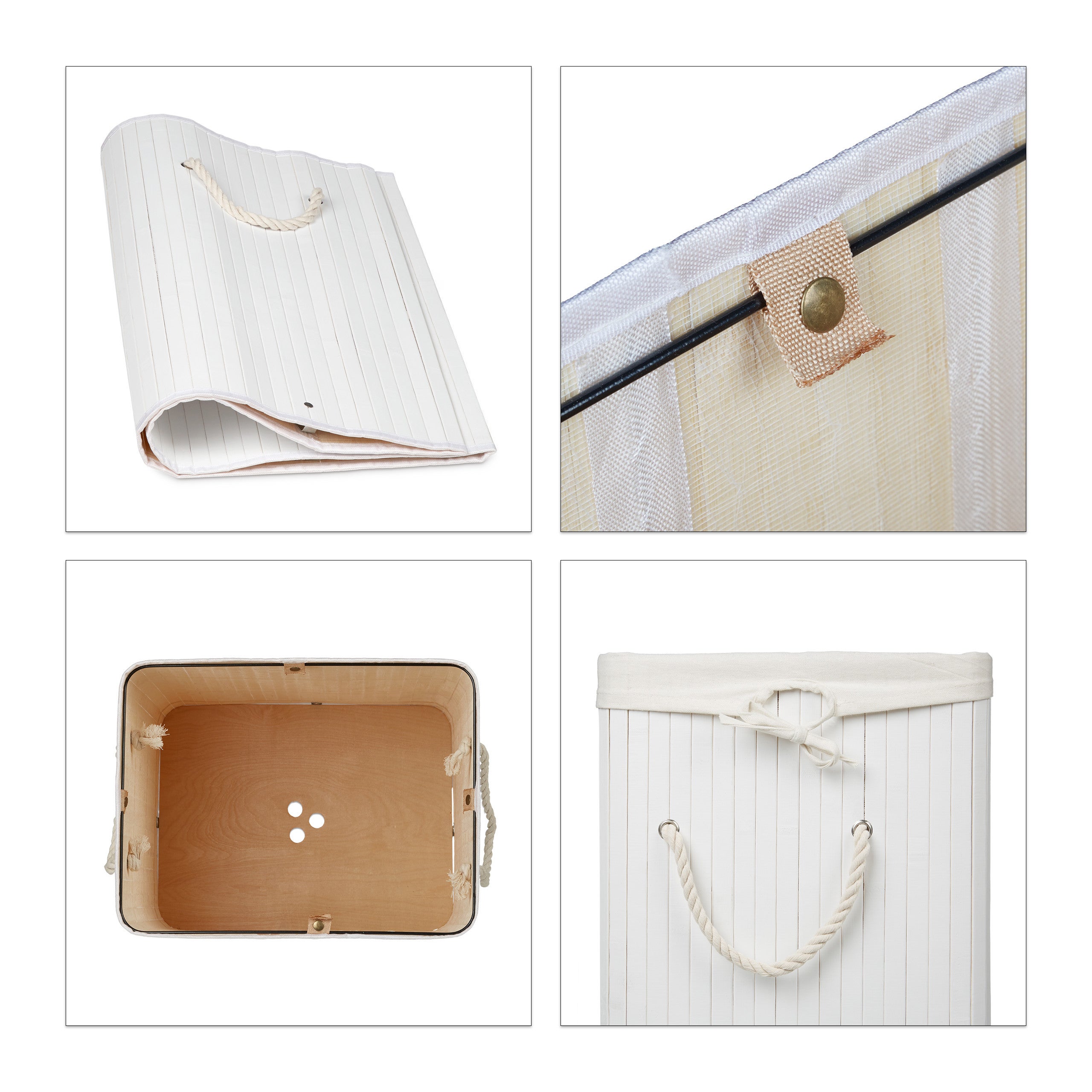 Panier à linge bambou, lot de 2, corbeille linge pliante, 83L, sac intérieur coton, 65,5 x 43,5 x 33,5 cm, blanc - 5