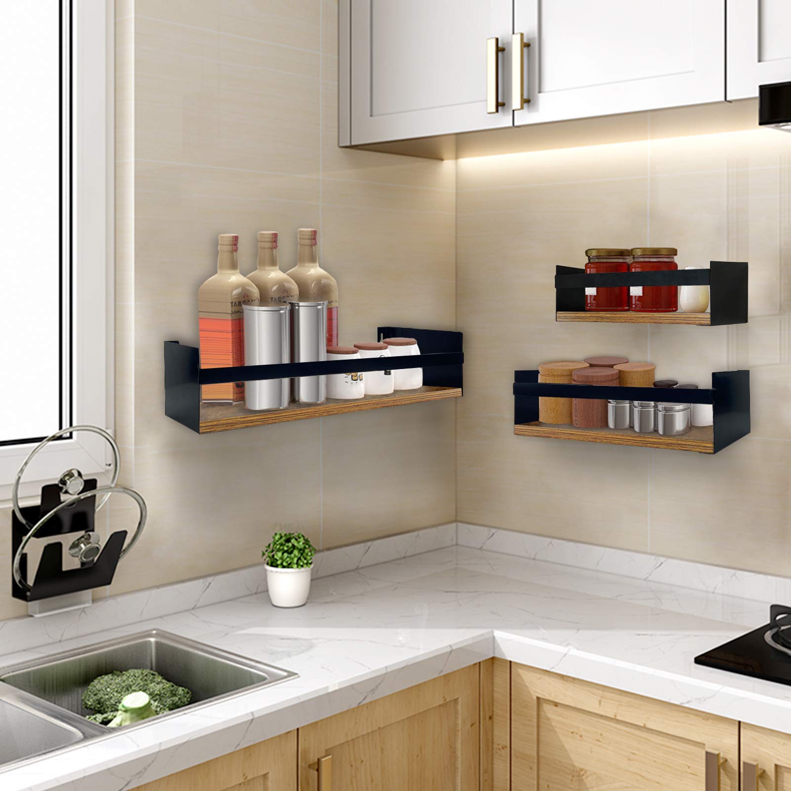 EYMPEU Mensola da Muro, Mensola Galleggiante in Legno Rustico per Cucina, Bagno, Soggiorno, Salvaspazio 40x13x11.7cm Set di 3 - 3