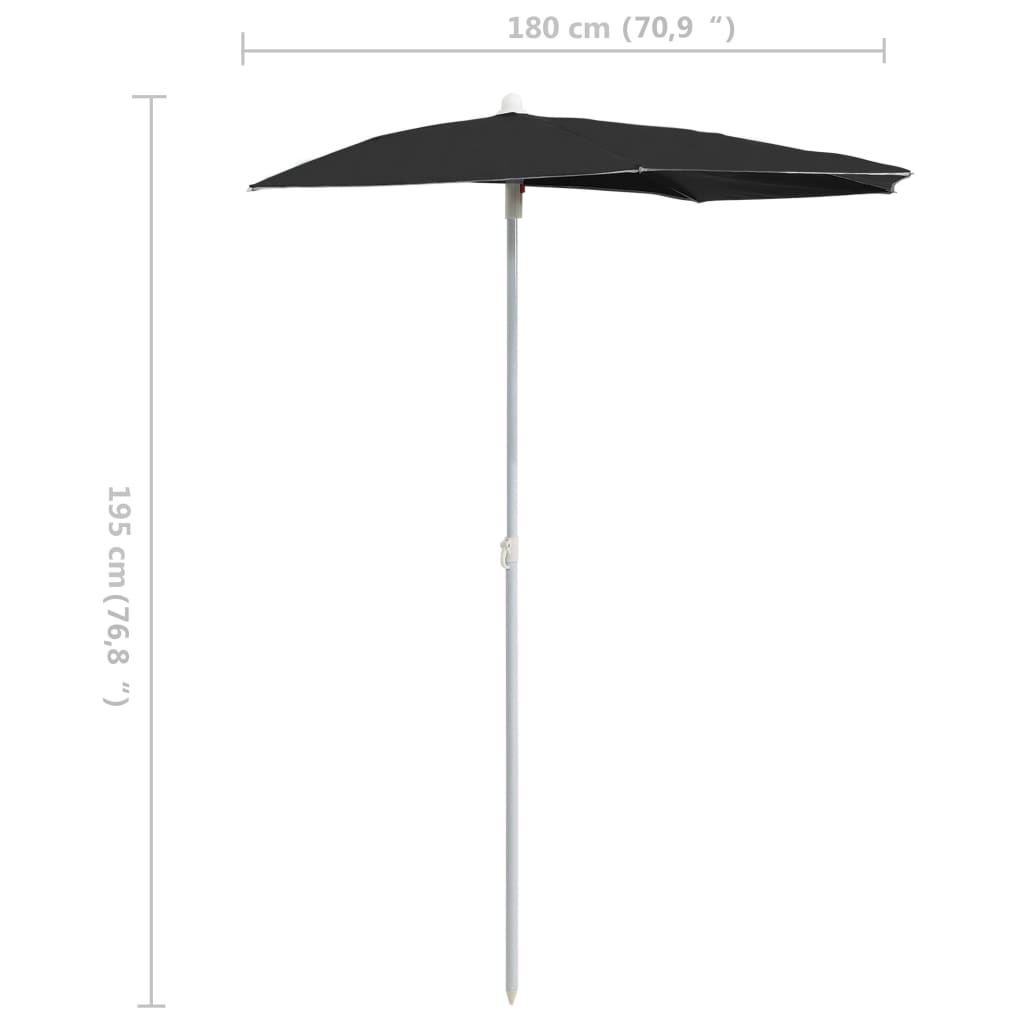Demi-parasol de jardin avec mât 180x90 Noir - 8