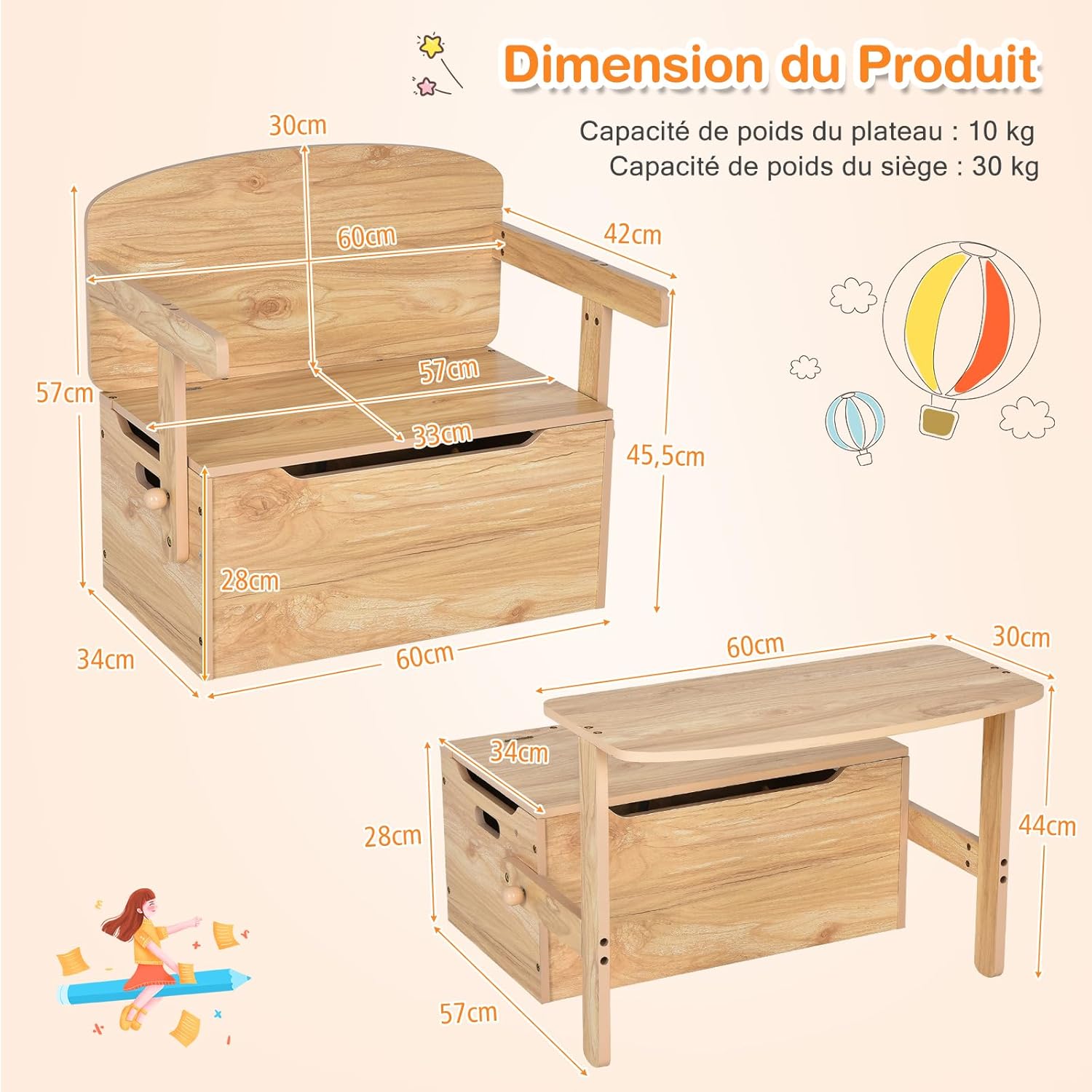 Table Chaise Enfant 3 en 1, Banc Coffre a Jouet Enfant en Bois avec Couvercle, Dossier, Boîte de Rangement, Table d'Activités pour 3-7 Ans (Naturel) - 3