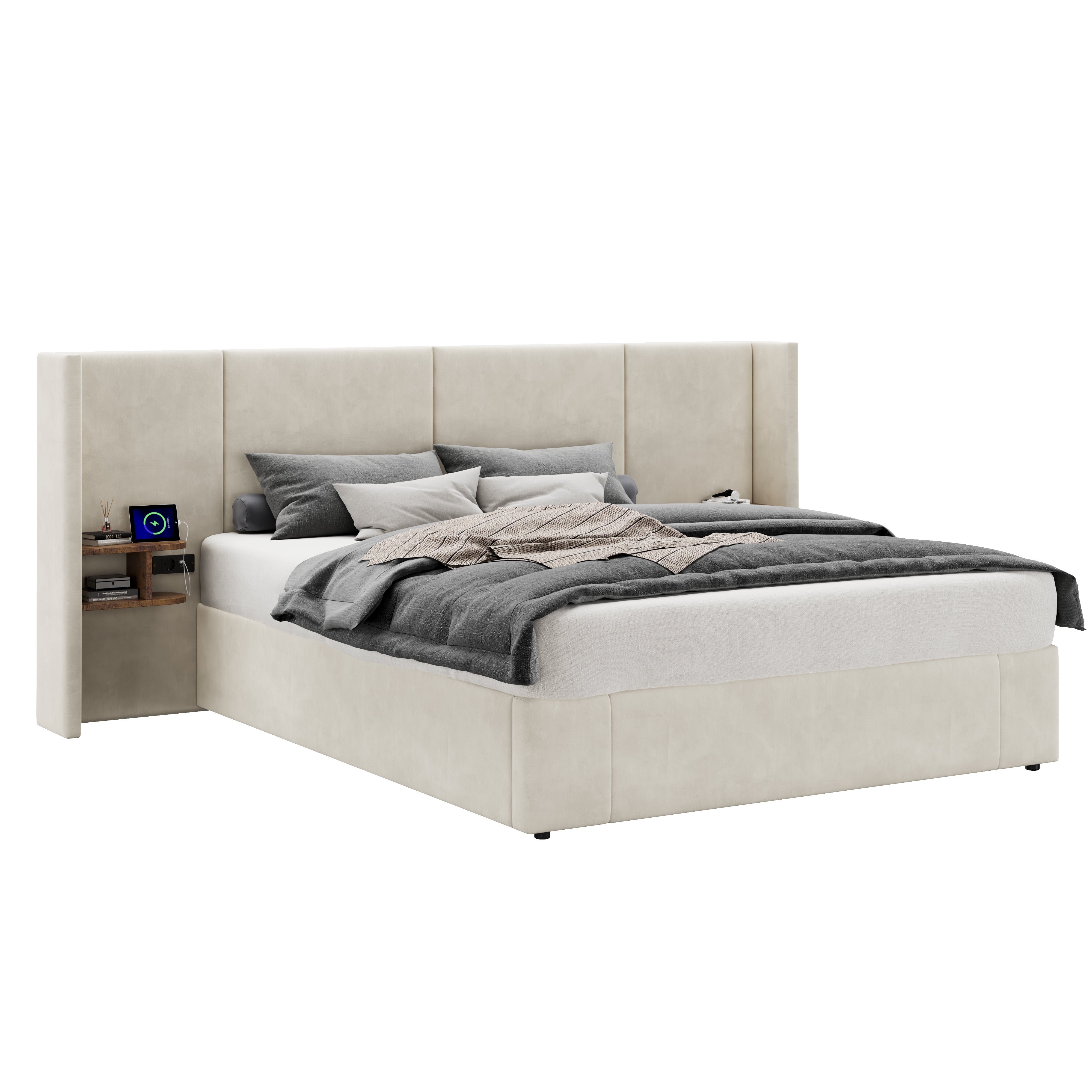 Cama arrumação 160 x 200 cm com cabeceira grande - 2 mesas de cabeceira e porta USB - Veludo - Bege (sem colchão) - 7
