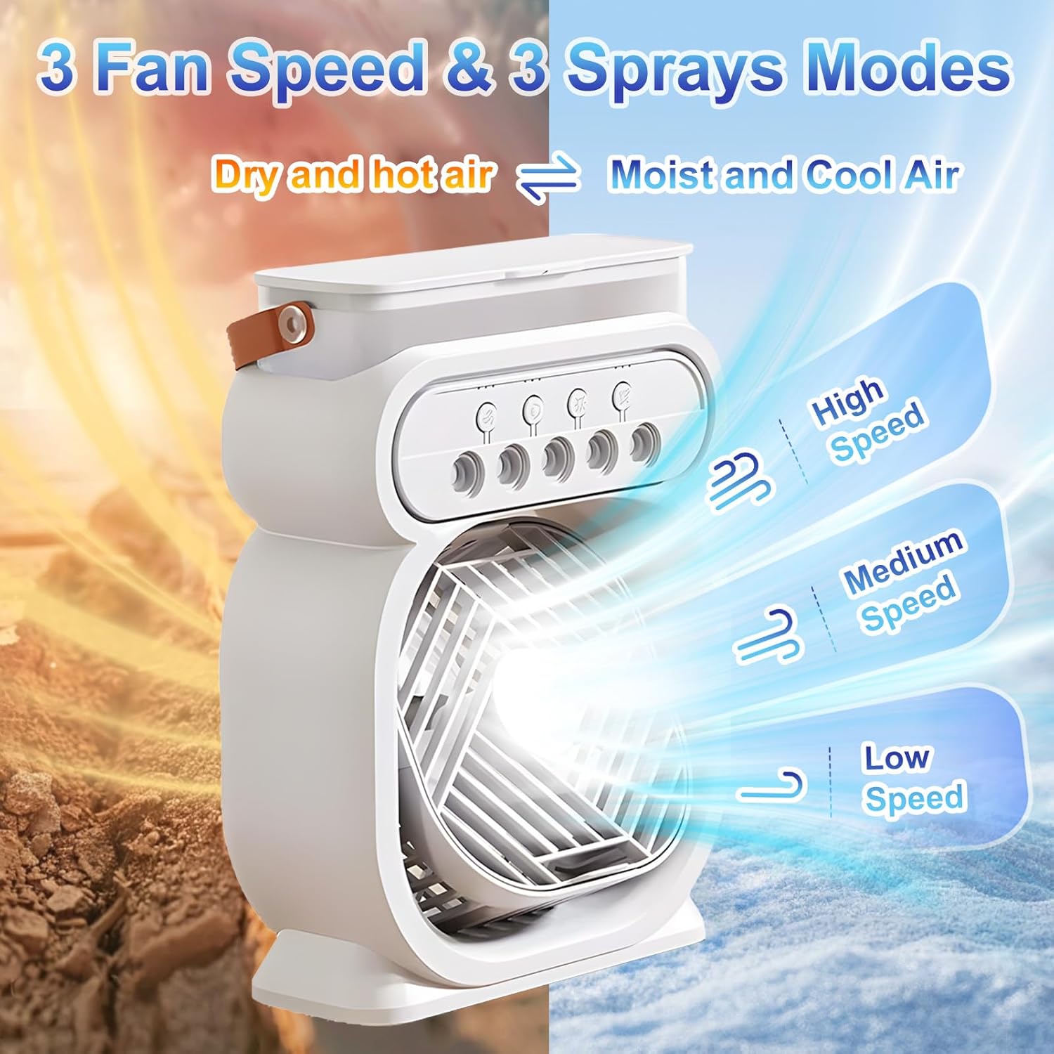 3 Vitesses Climatiseur Mobile, Mini Climatiseur Silencieux, Refroidisseur D'air, Humidificateur, Ventilateur Brumisateur Eau, avec , Lumière de Nuit - 3