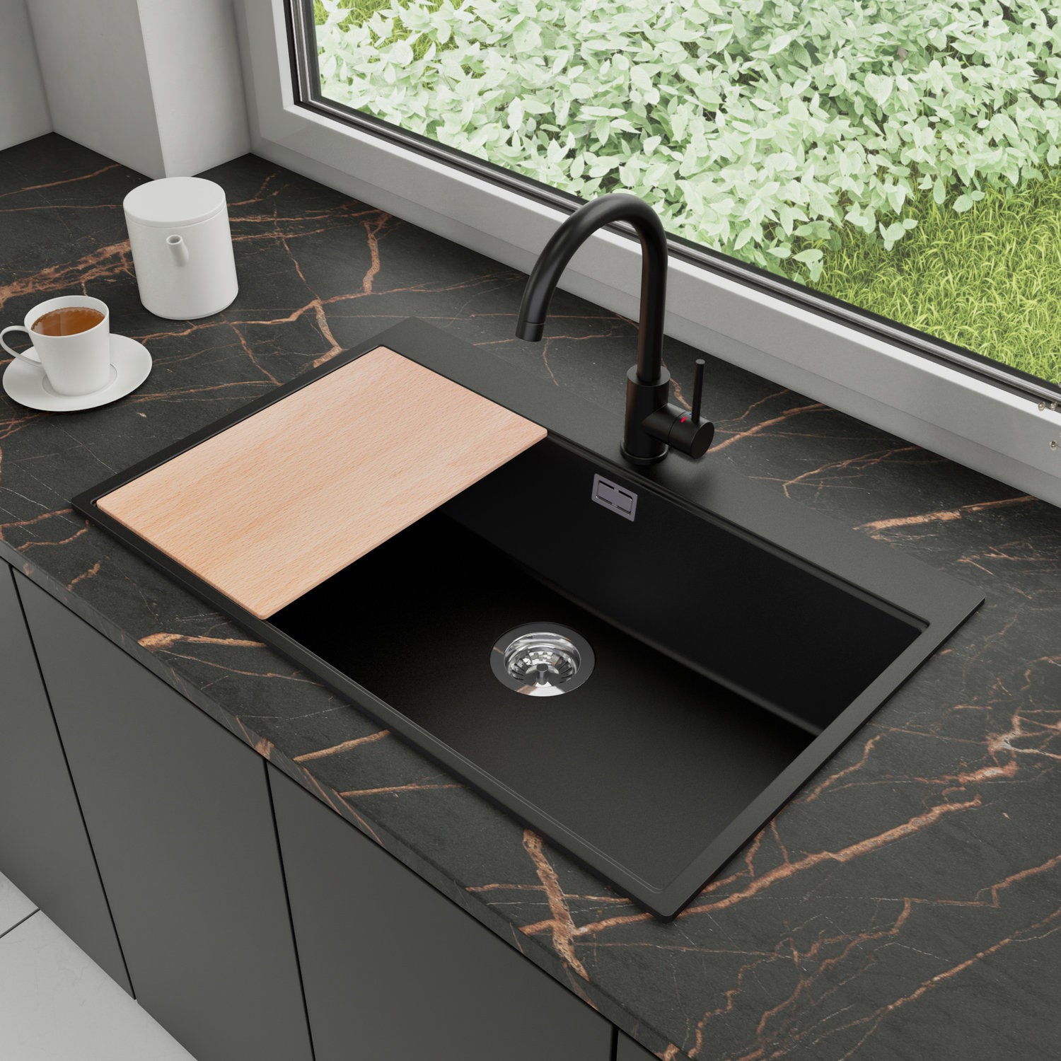 Zlewozmywak Granitowy 78x50cm, do szafki od 80cm + Bateria + Syfon + Deska - Rubin Czarny STONESTYLE