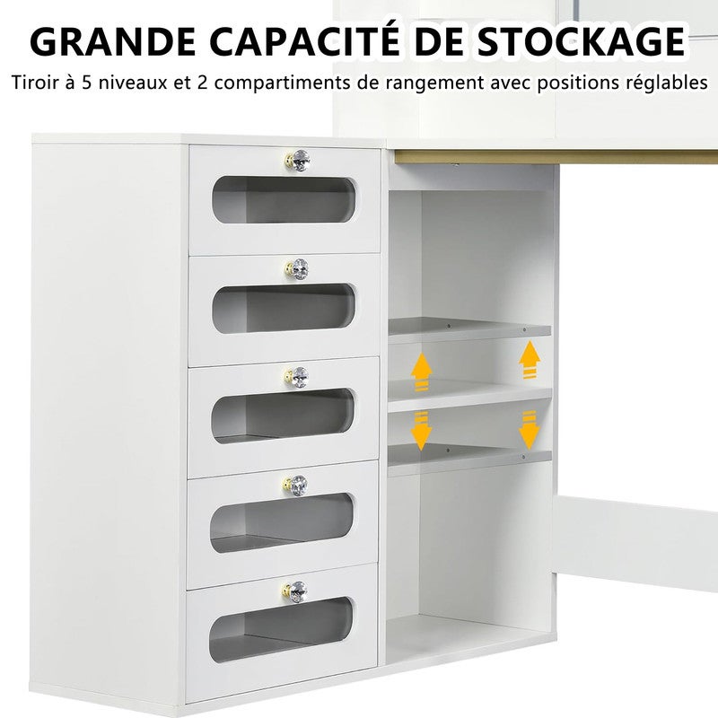 Coiffeuse d'angle - Coiffeuse moderne - 120x80x135 cm - Miroir LED 3 tons - 5 tiroirs transparents - 3 etagères - Meuble de rangement - Blanc - 6