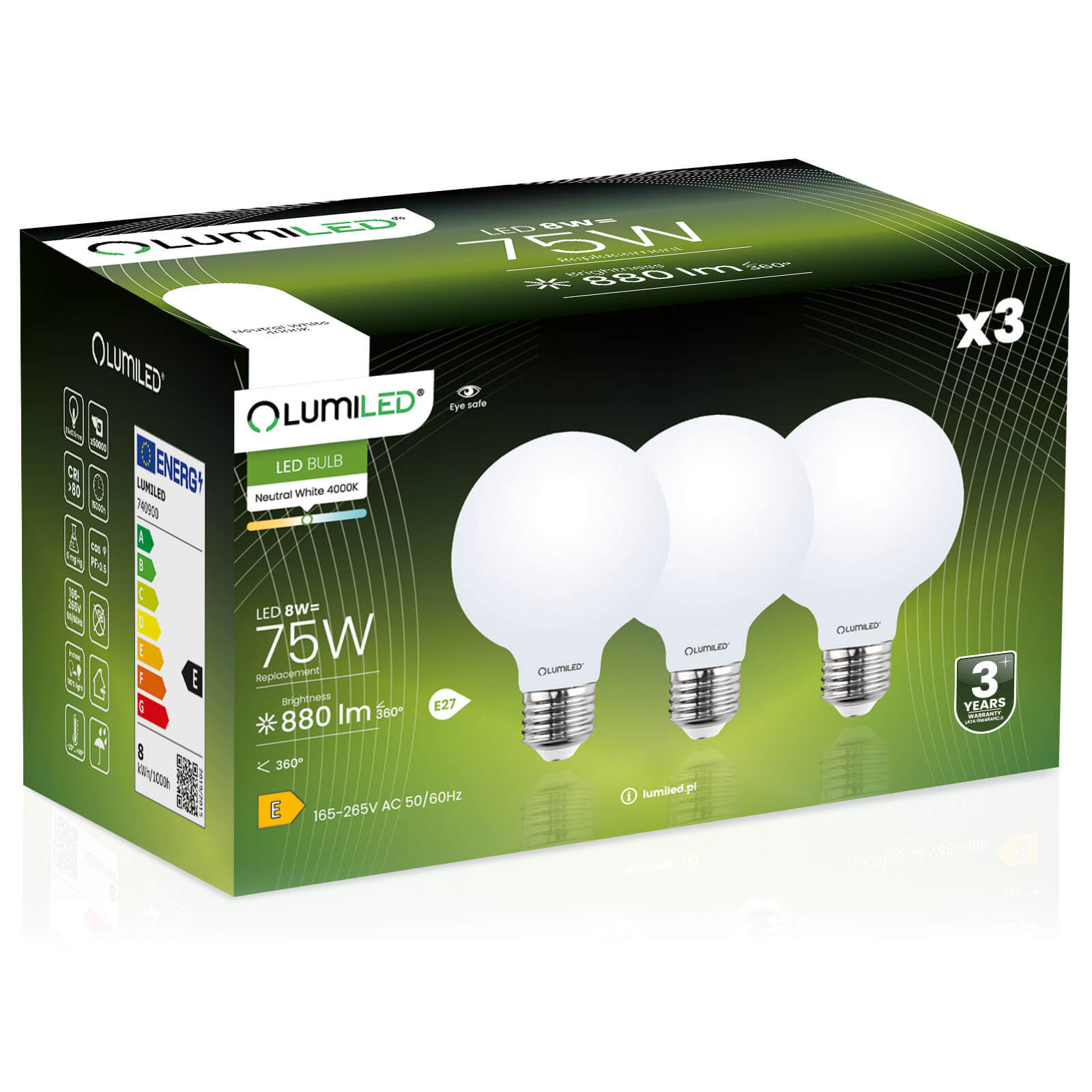 3x Żarówka Lumiled LED E27 Kula G95 8W = 75W 880lm 4000K Neutralna 360st Filament