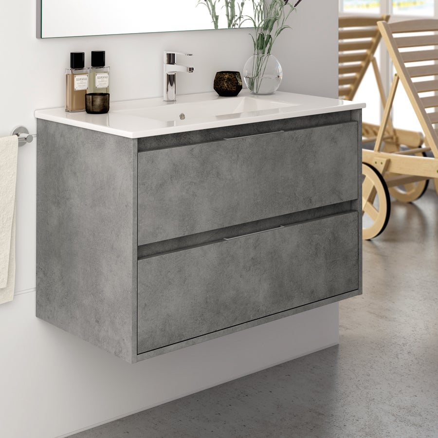 Meuble de salle de bain 80cm simple vasque - 2 tiroirs - IRIS - ciment (gris) - 2