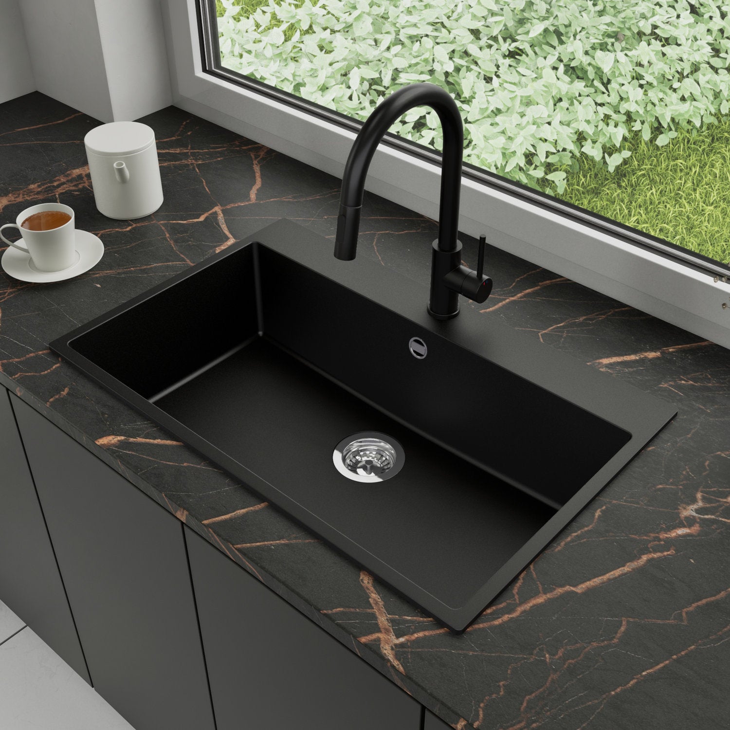 Zlewozmywak Granitowy 78x50cm, do szafki od 80cm + Bateria + Syfon - Amber Czarny STONESTYLE