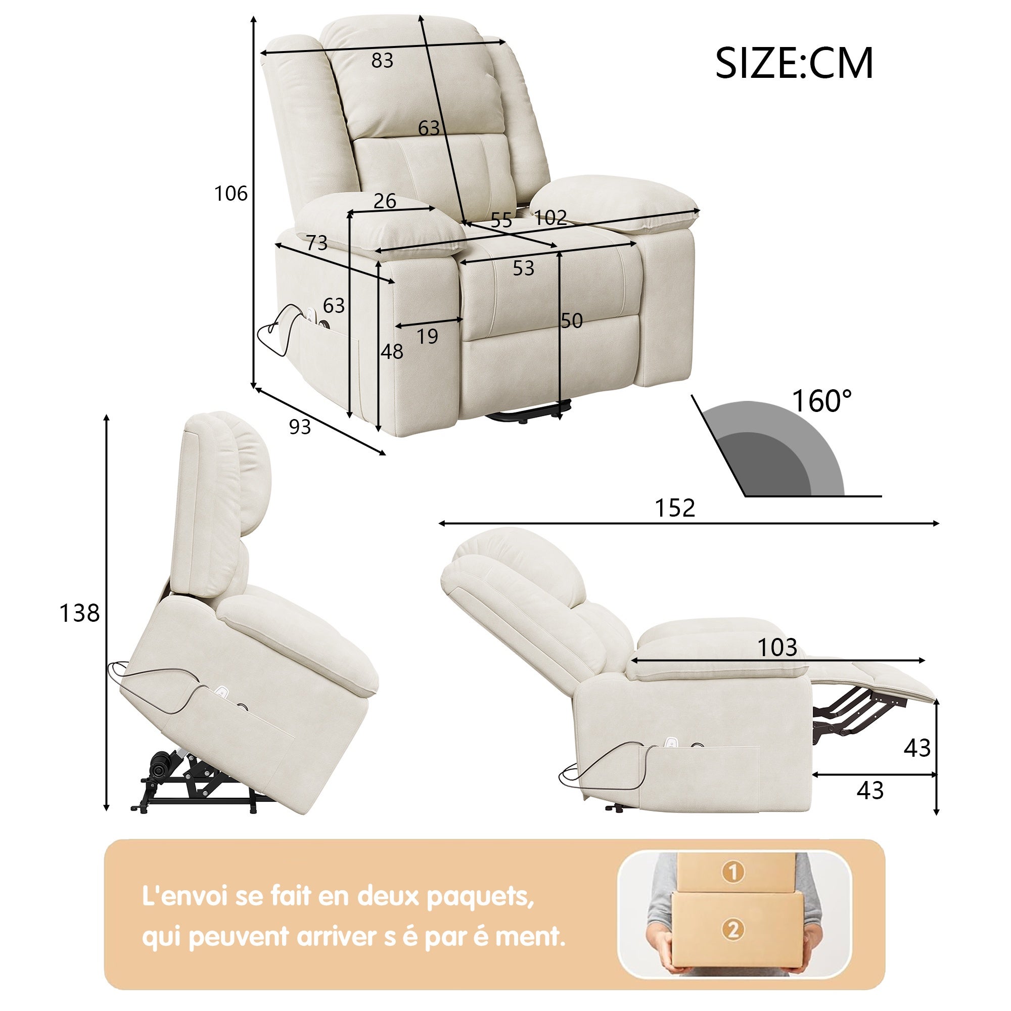 Fauteuil Électrique Releveur et Inclinable avec Fonction Massage - Chauffant 8 Points, Ports USB - Pour Seniors et Dégaine - Marron - 4