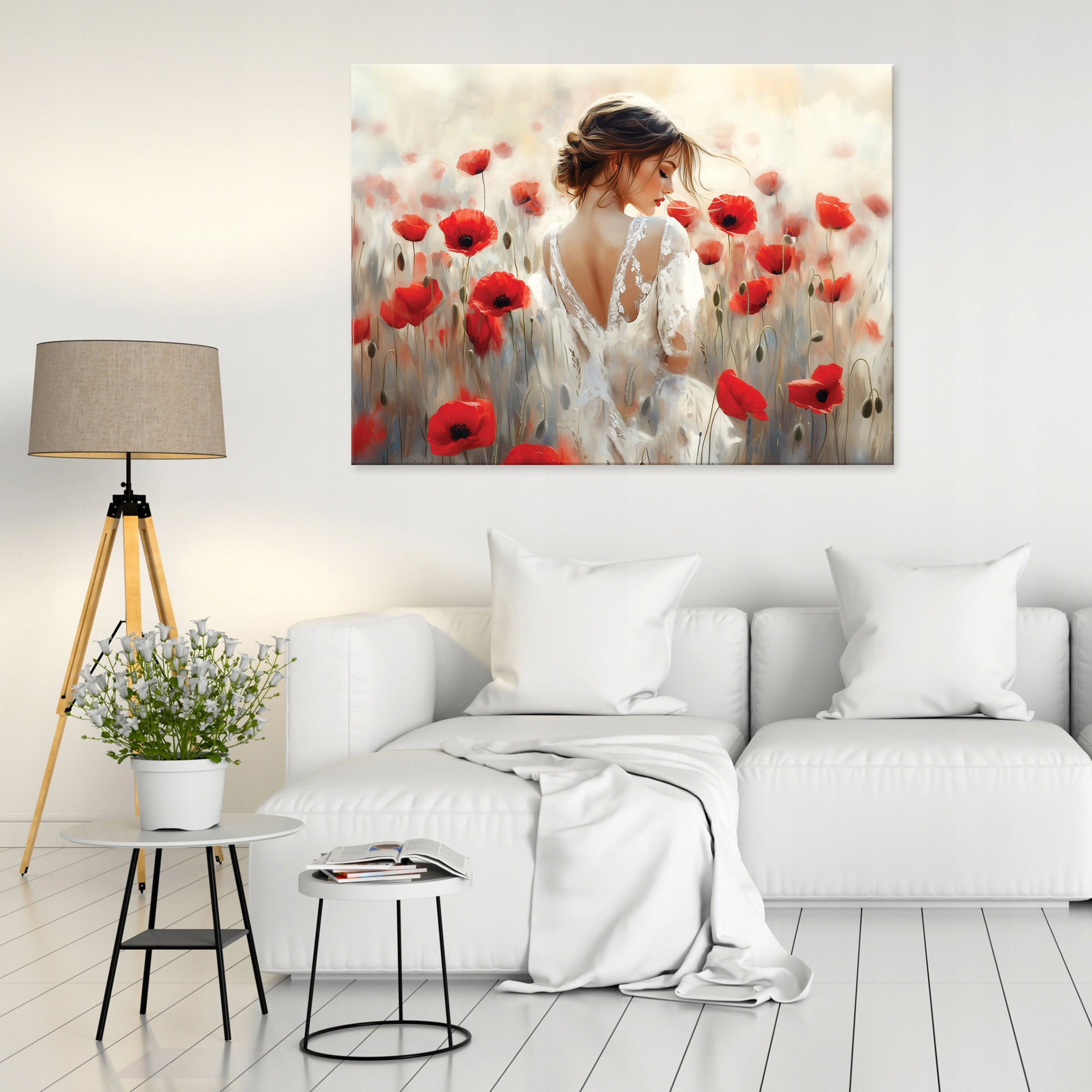 Tableau Décoration Murale Impression Sur Toile Femme Beige Fleurs - 60x40 cm - Tableau Décoration Murale Chambre et salon - 2